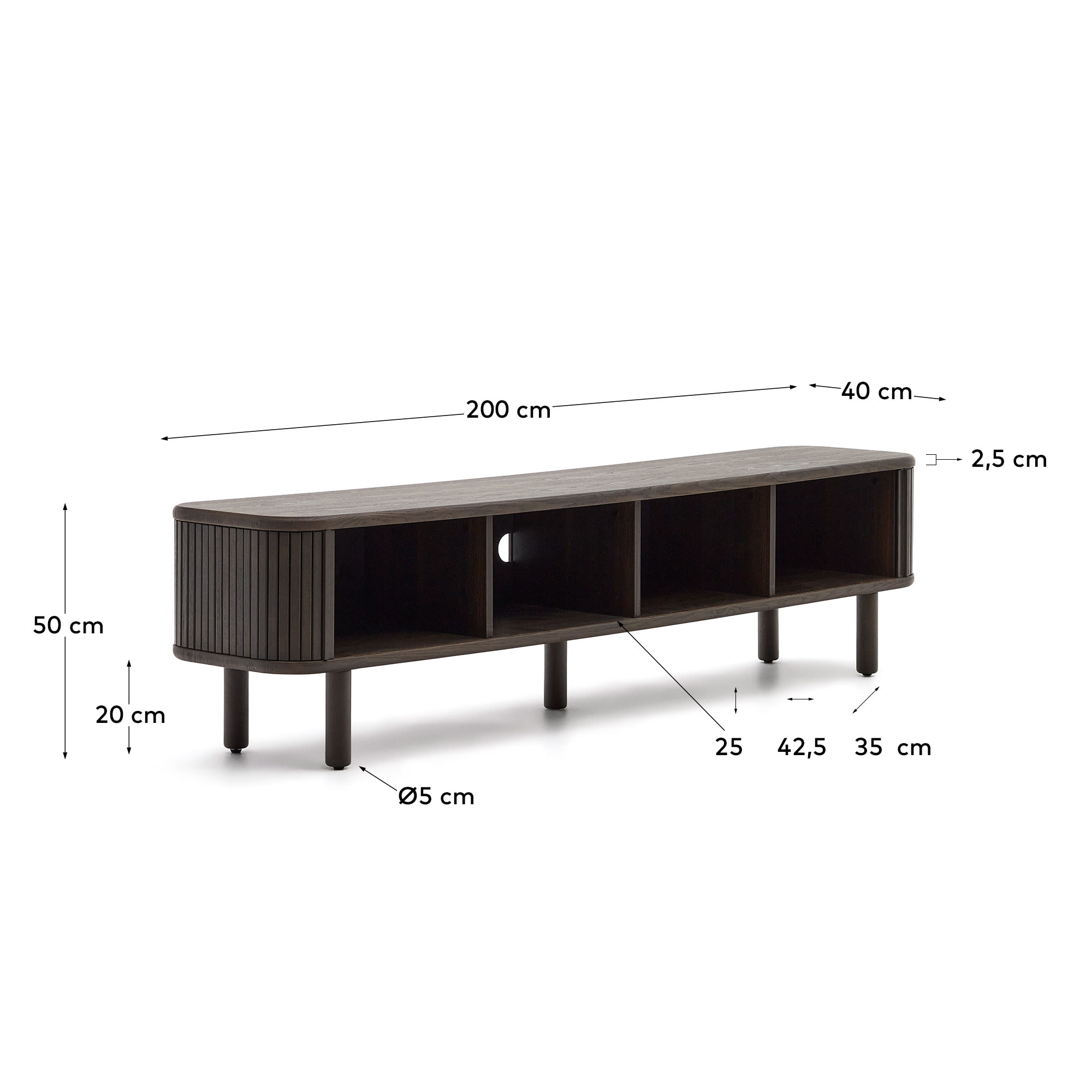 Mailen 2 door TV stand in ash veneer with a dark finish 200 x 50 cm - sizes