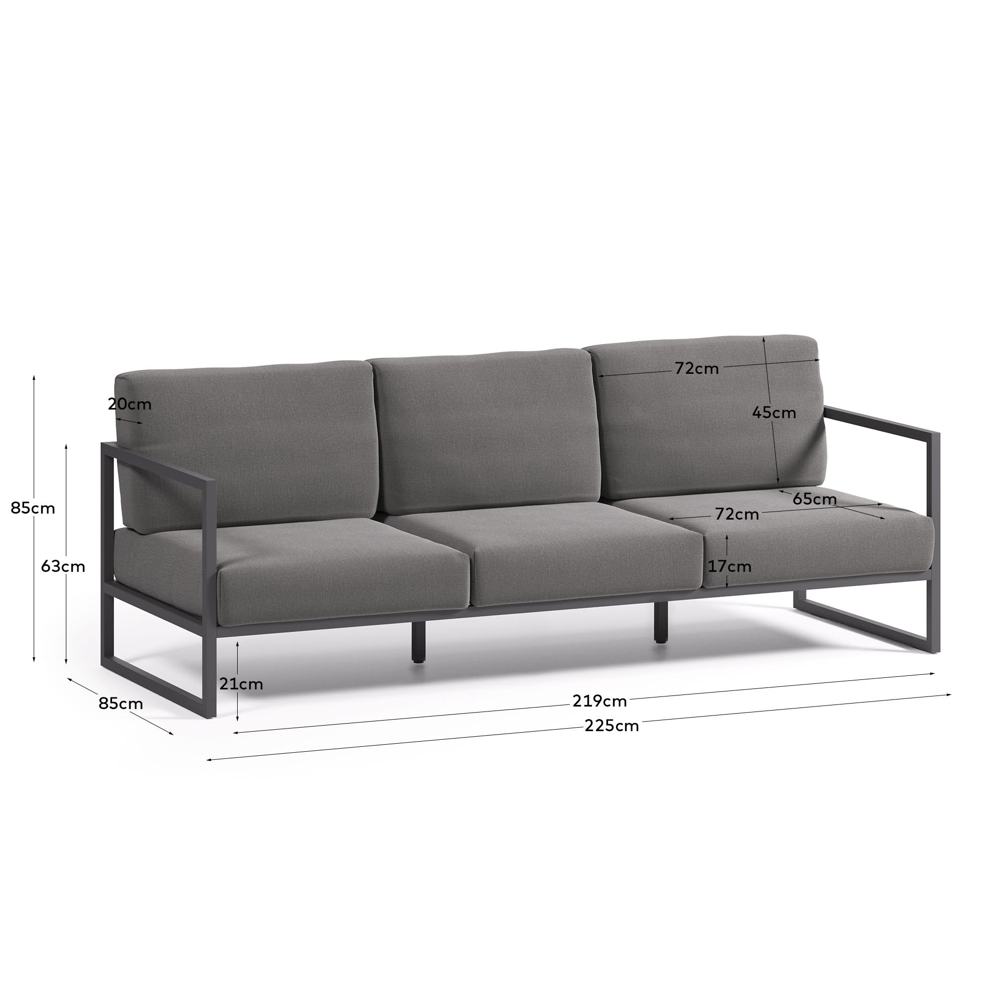 Comova 100% outdoor 3-seater sofa in dark grey and black aluminium, 222 cm