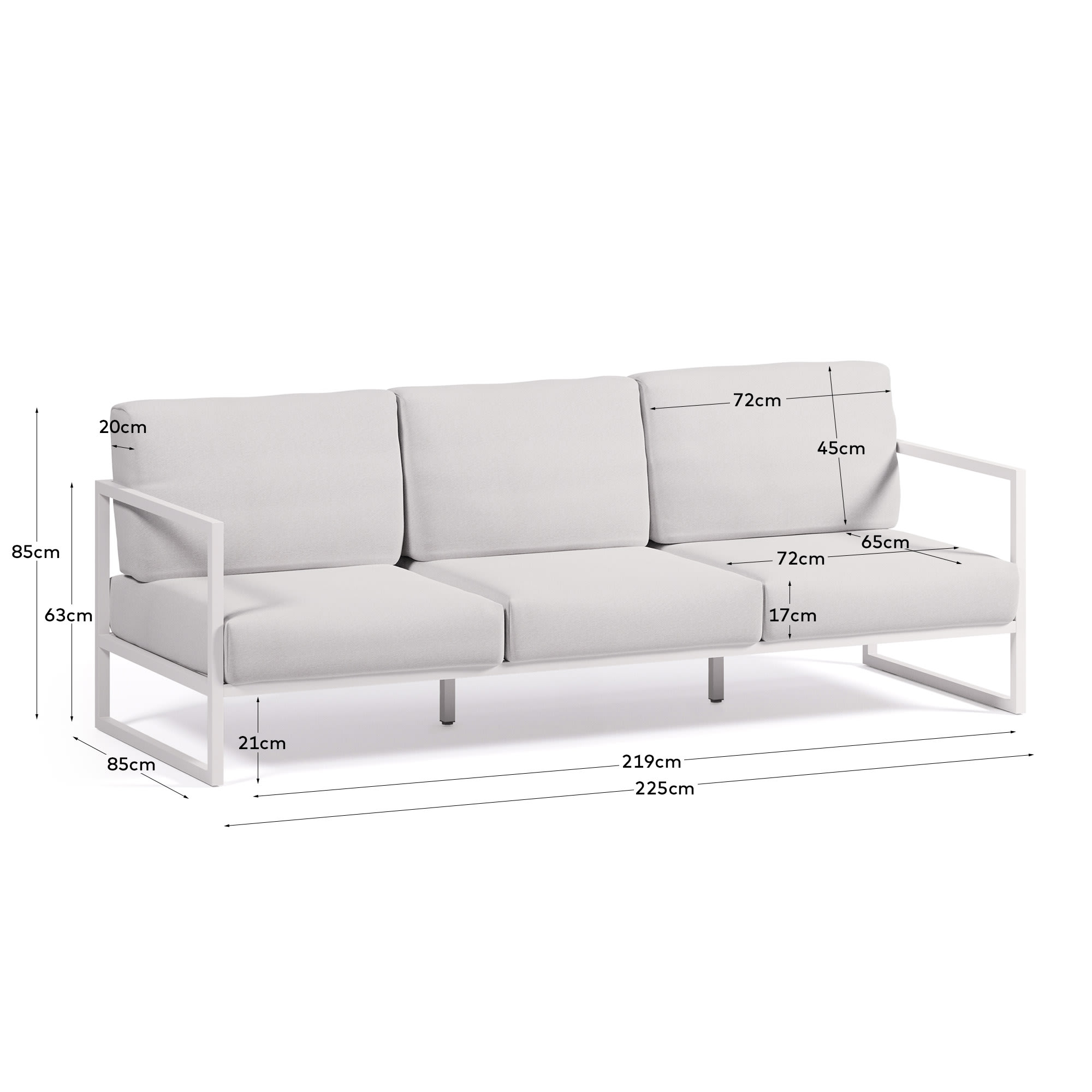 Comova 100% outdoor 3-seater sofa in white and white aluminium, 222 cm