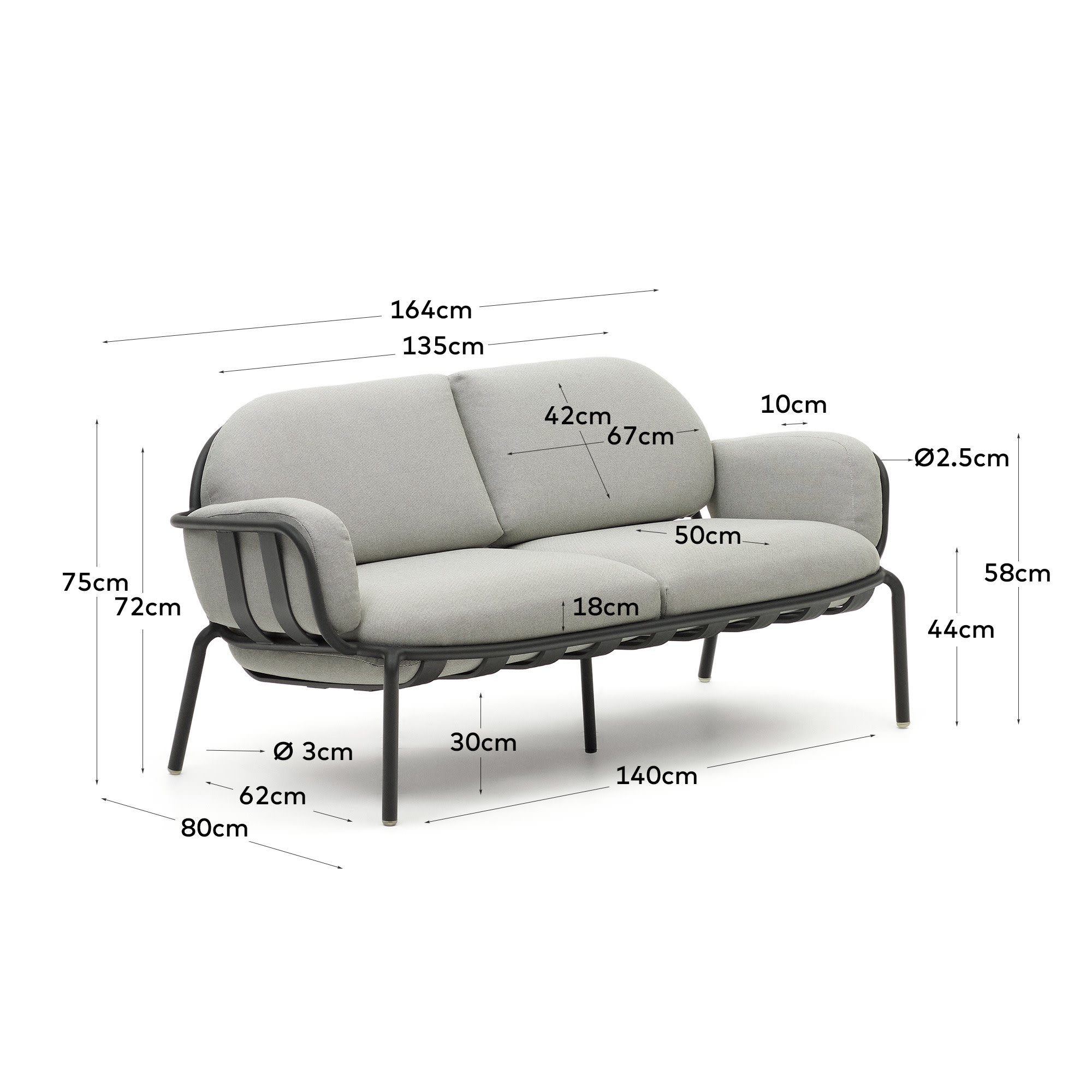 Joncols outdoor 2-seater sofa in aluminium with grey painted finish and grey cushions 164cm