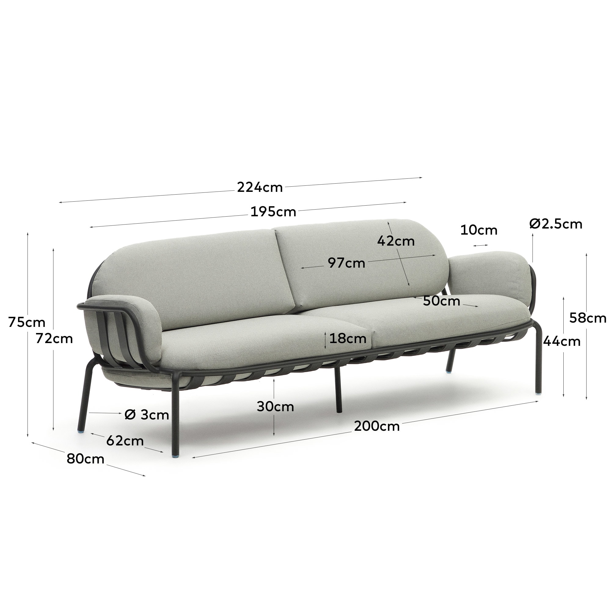 Joncols outdoor aluminium 3 seater sofa with powder coated grey finish, 224 cm