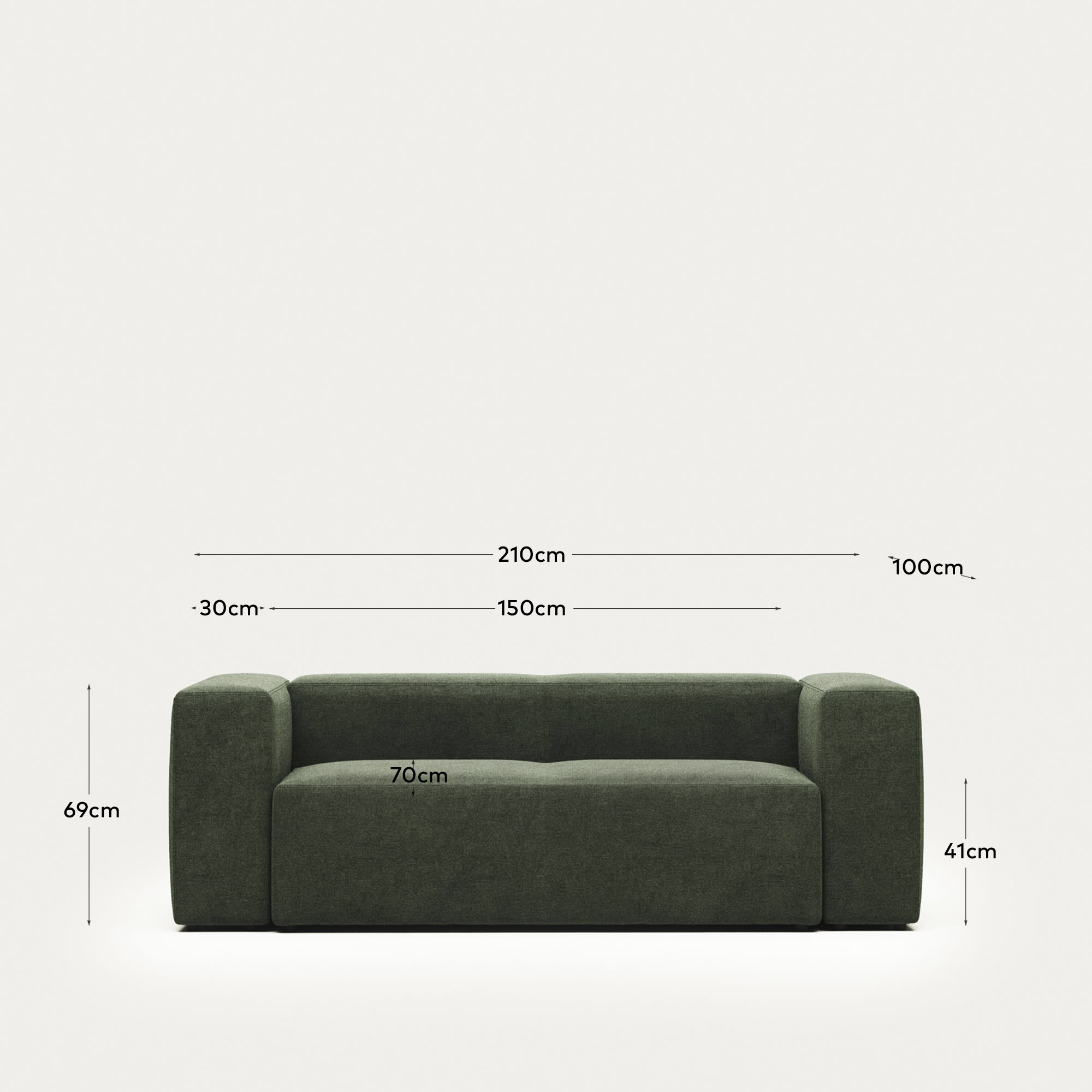 Blok fire-retardant 2-seater sofa in green chenille 210cm