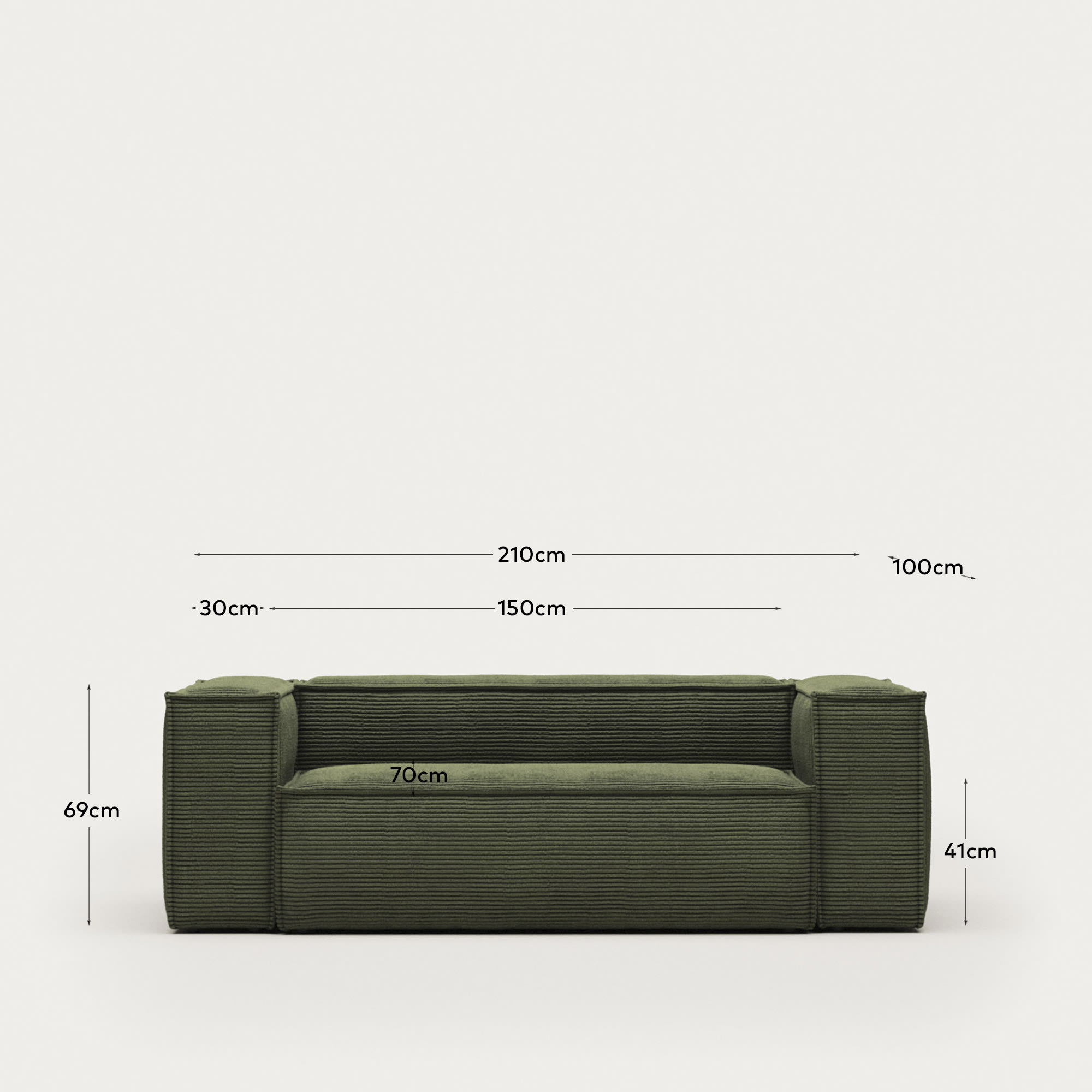 Blok fire-retardant 2-seater sofa in thick green corduroy 210cm FSC Mix Credit
