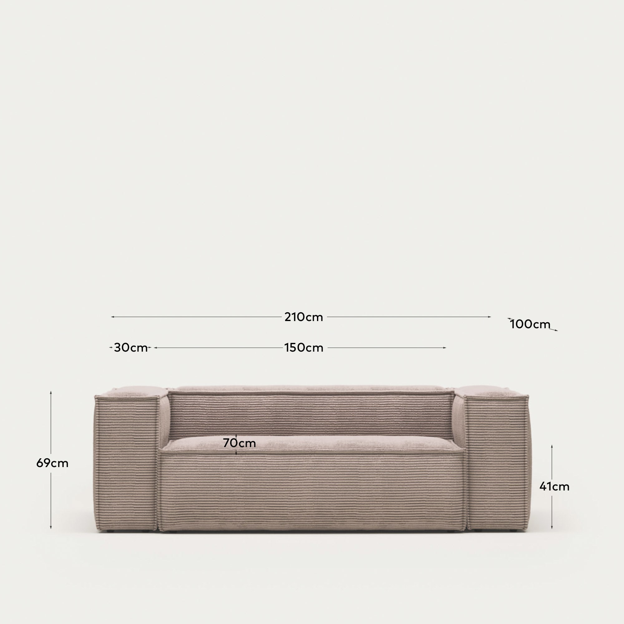 Blok fire-retardant 2-seater sofa in thick pink corduroy 210cm FSC Mix Credit