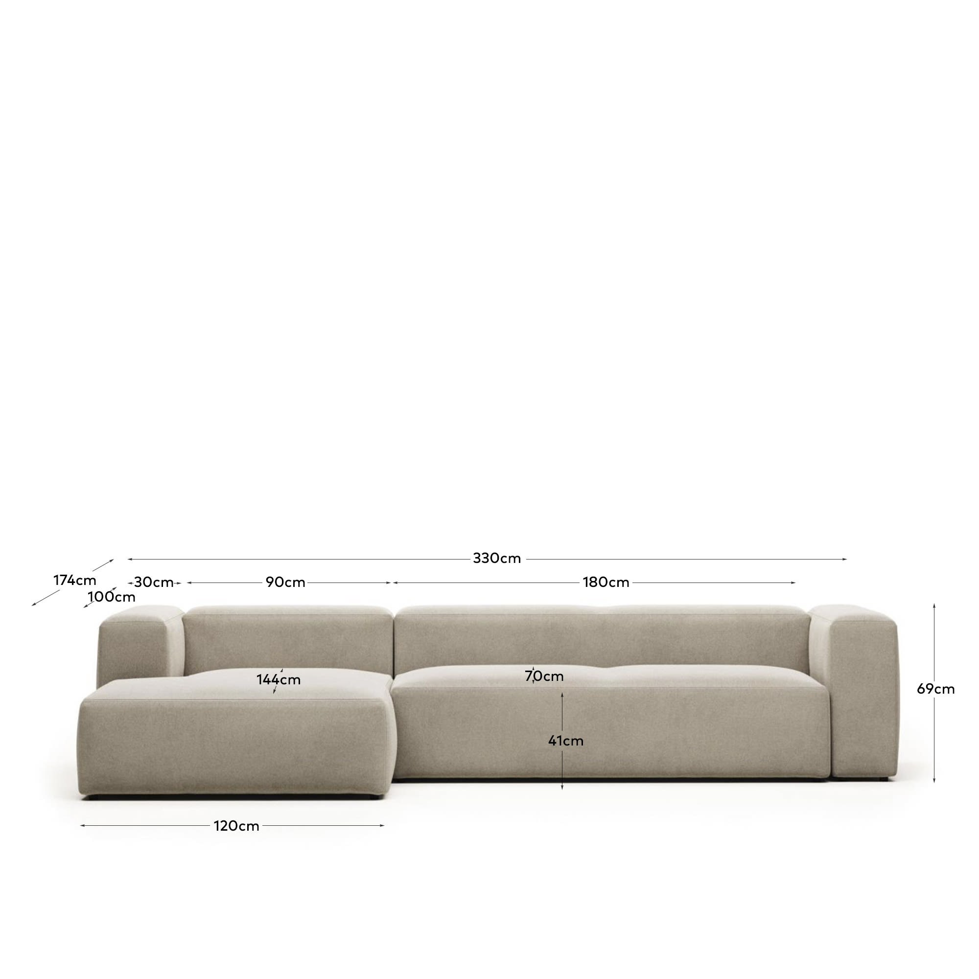 Blok fire-retardant 4-seater sofa with left chaise longue in beige chenille 330cm