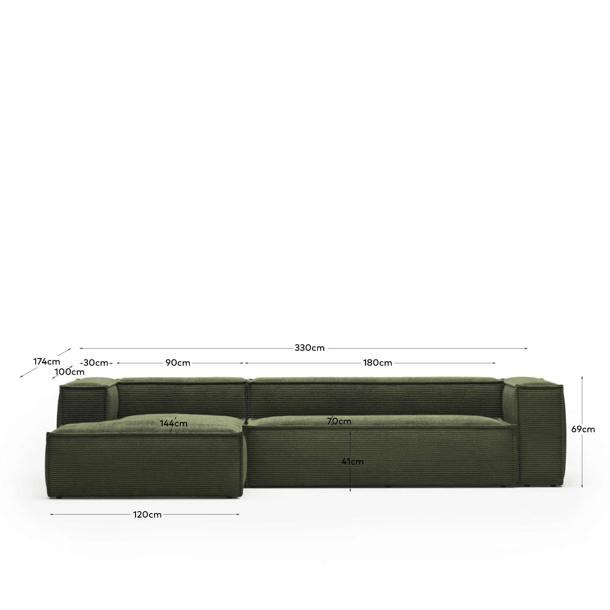 Blok fire-retardant 4-seater sofa with left chaise longue in thick green corduroy 330cm FSC Mix Credit