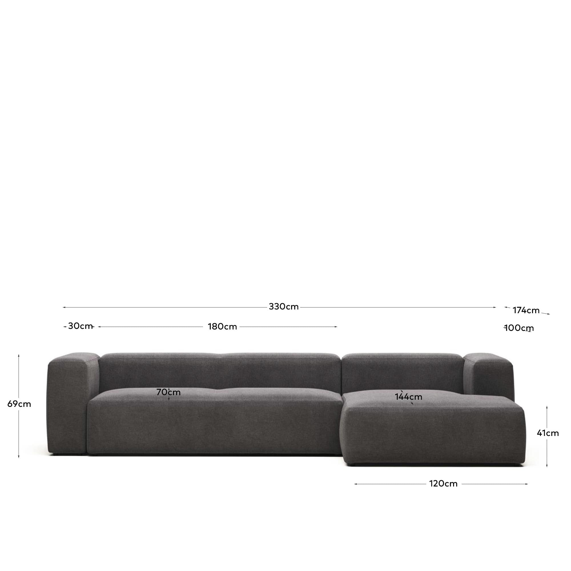 Blok 4 seater sofa with right side chaise longue in grey, 330 cm FR