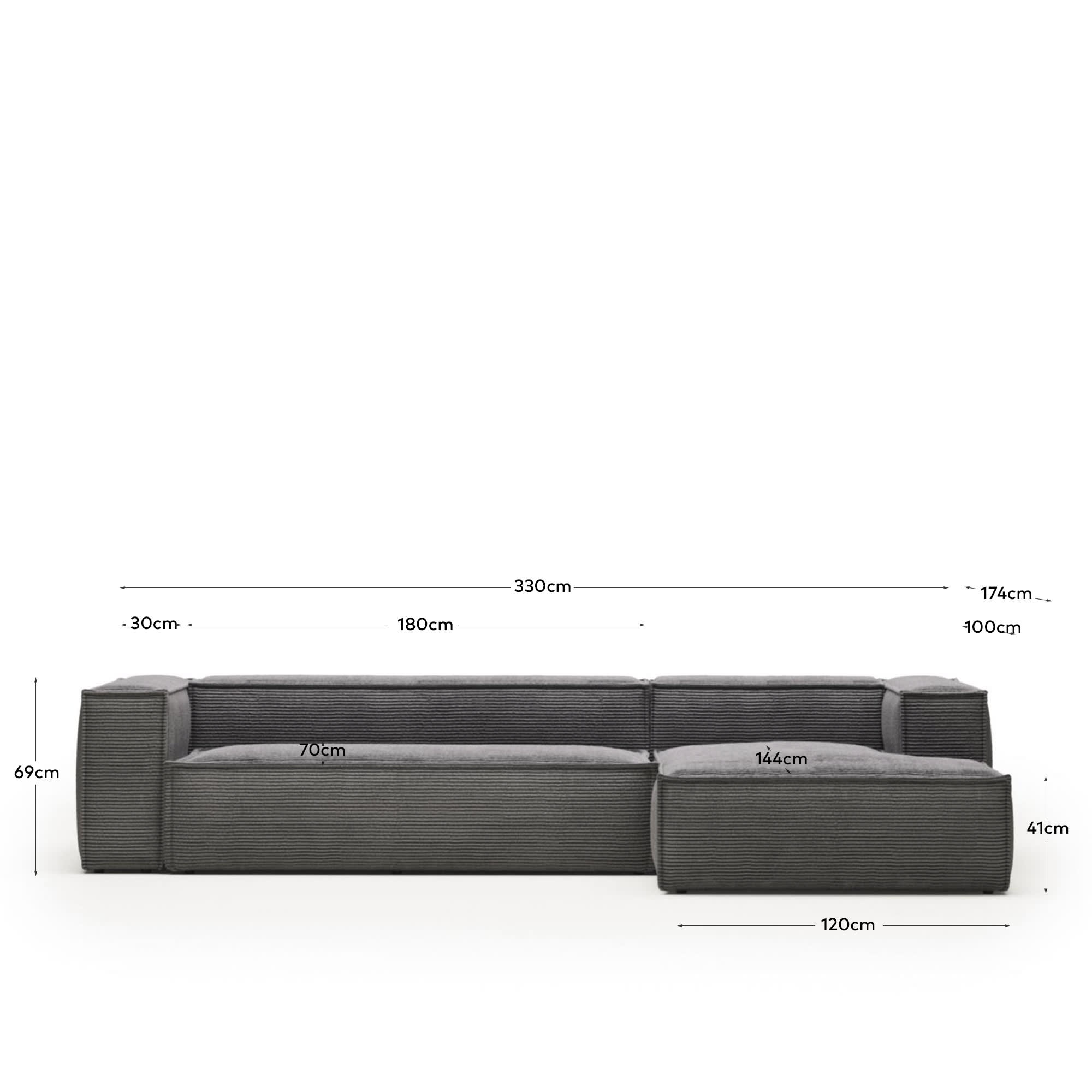 Blok 4 seater sofa with right side chaise longue in grey corduroy, 330 cm FR