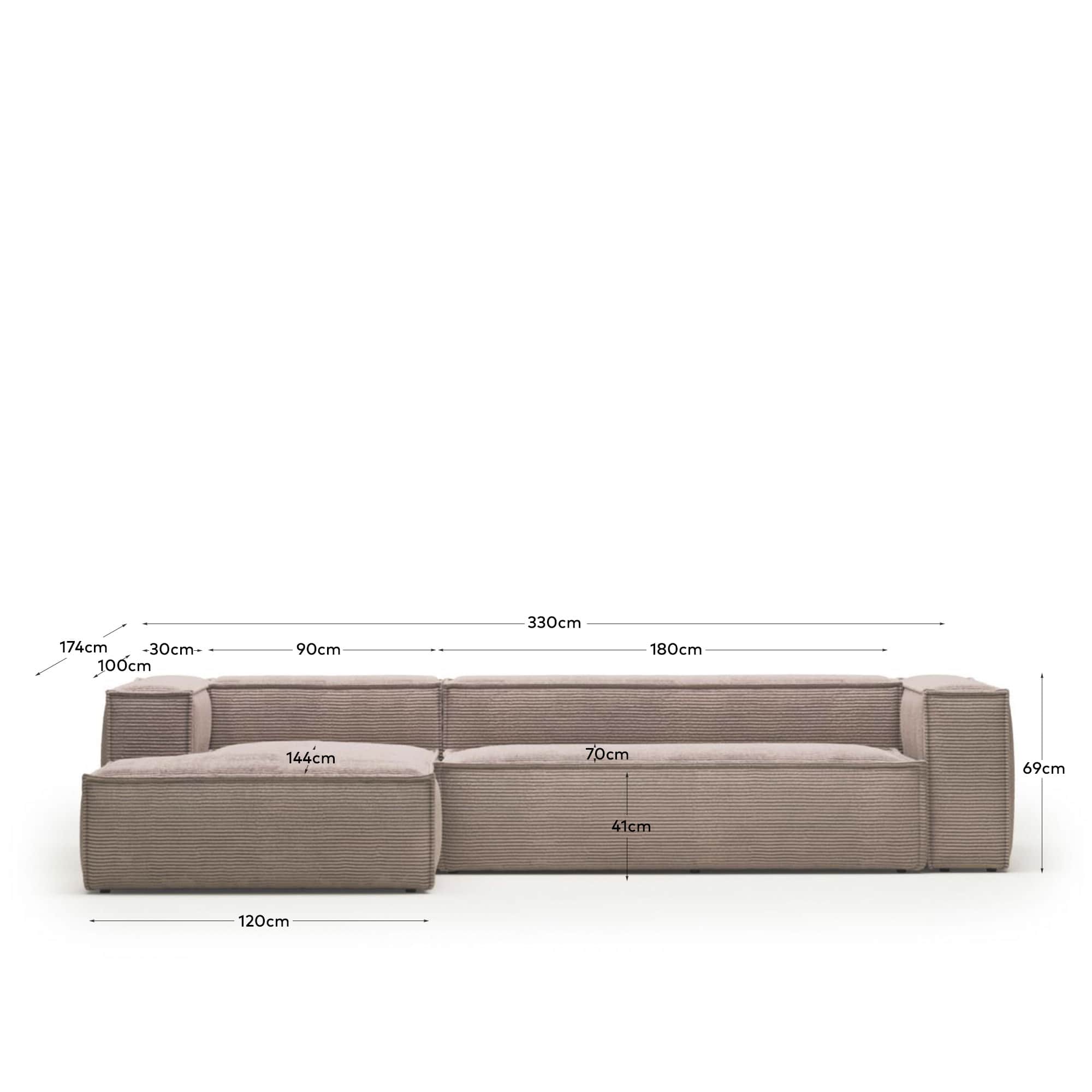 Blok 4 seater sofa with left side chaise longue in pink corduroy, 330 cm FR