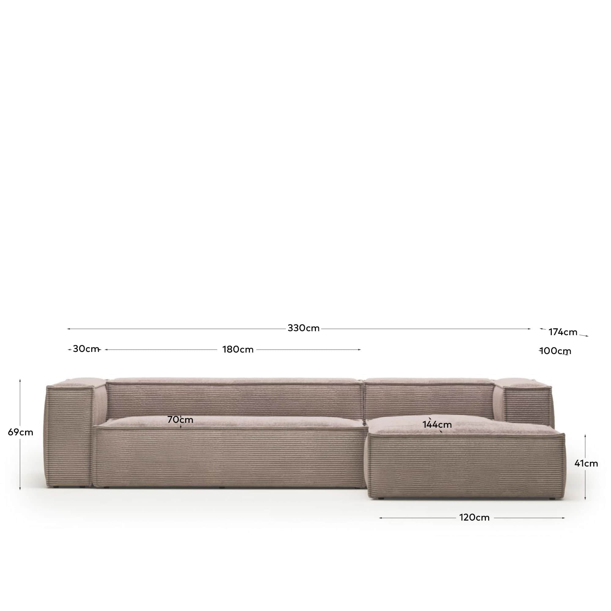 Blok 4 seater sofa with right side chaise longue in pink corduroy, 330 cm FR