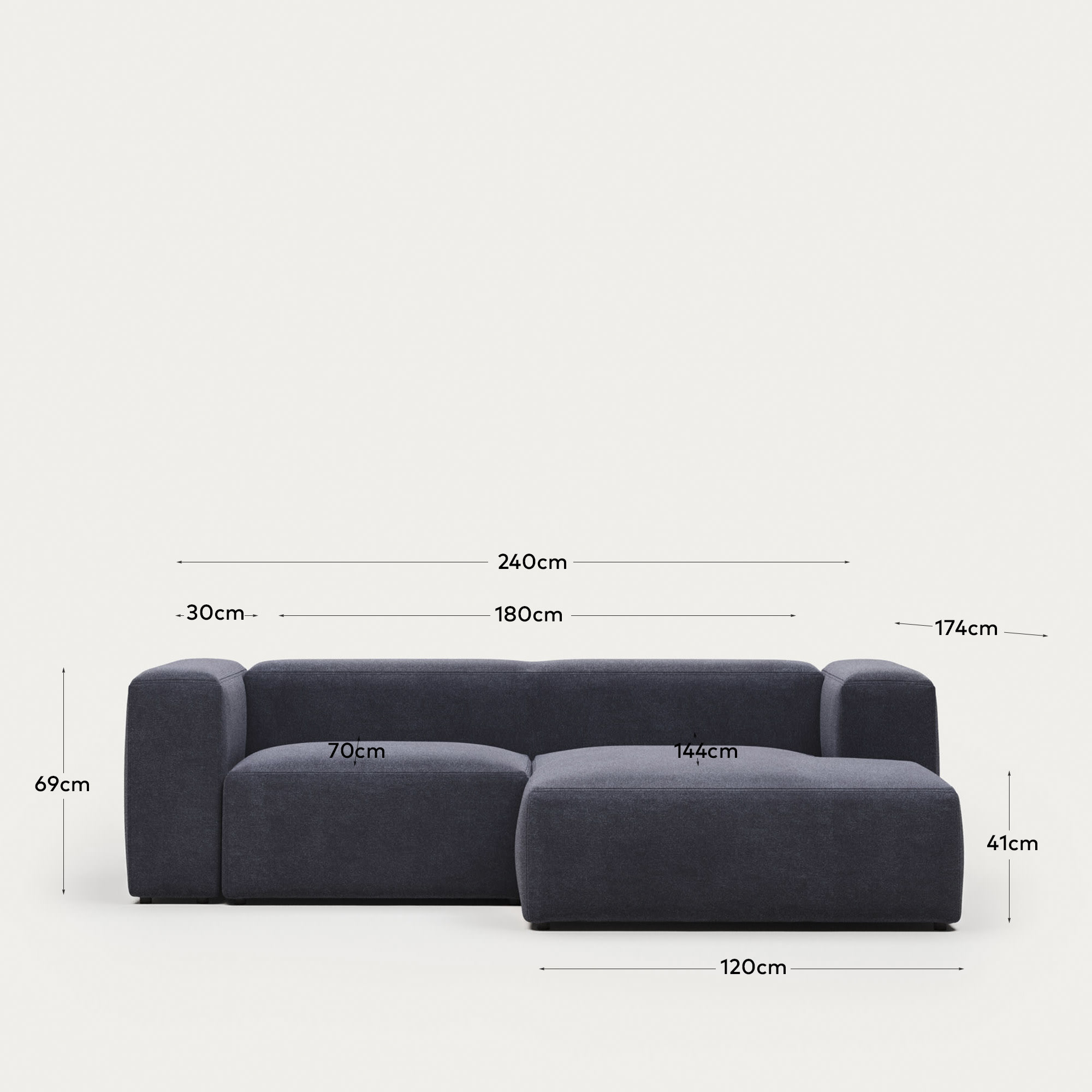 Blok fire-retardant 2-seater sofa with right chaise longue in blue chenille 240cm