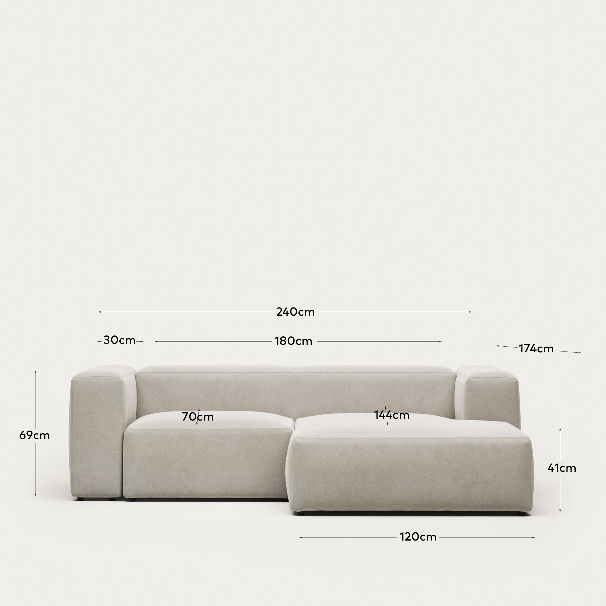 Blok fire-retardant 2-seater sofa with right chaise longue in white chenille 240cm