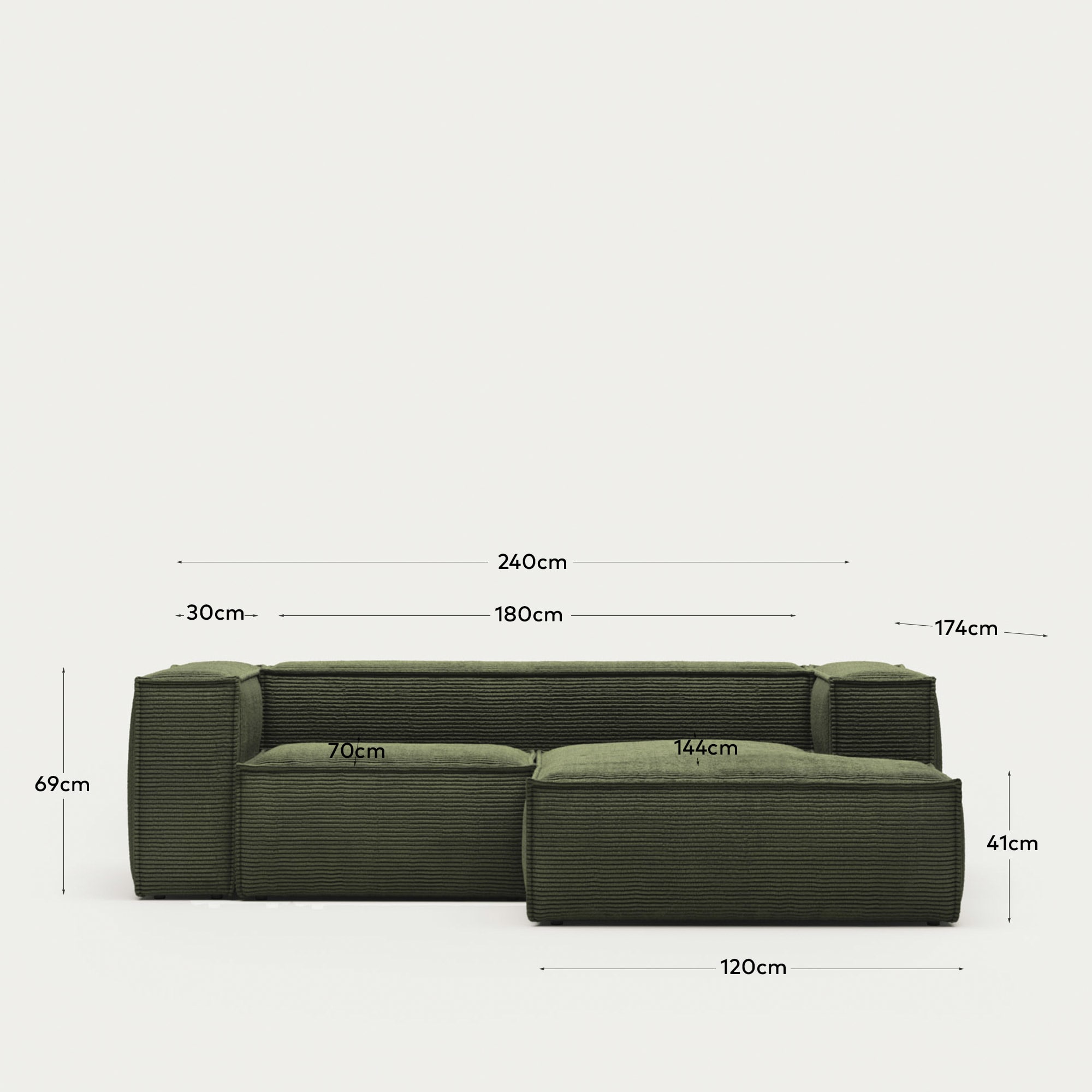 Blok fire-retardant 2-seater sofa with right chaise longue in thick green corduroy 240cm FSC Mix Credit