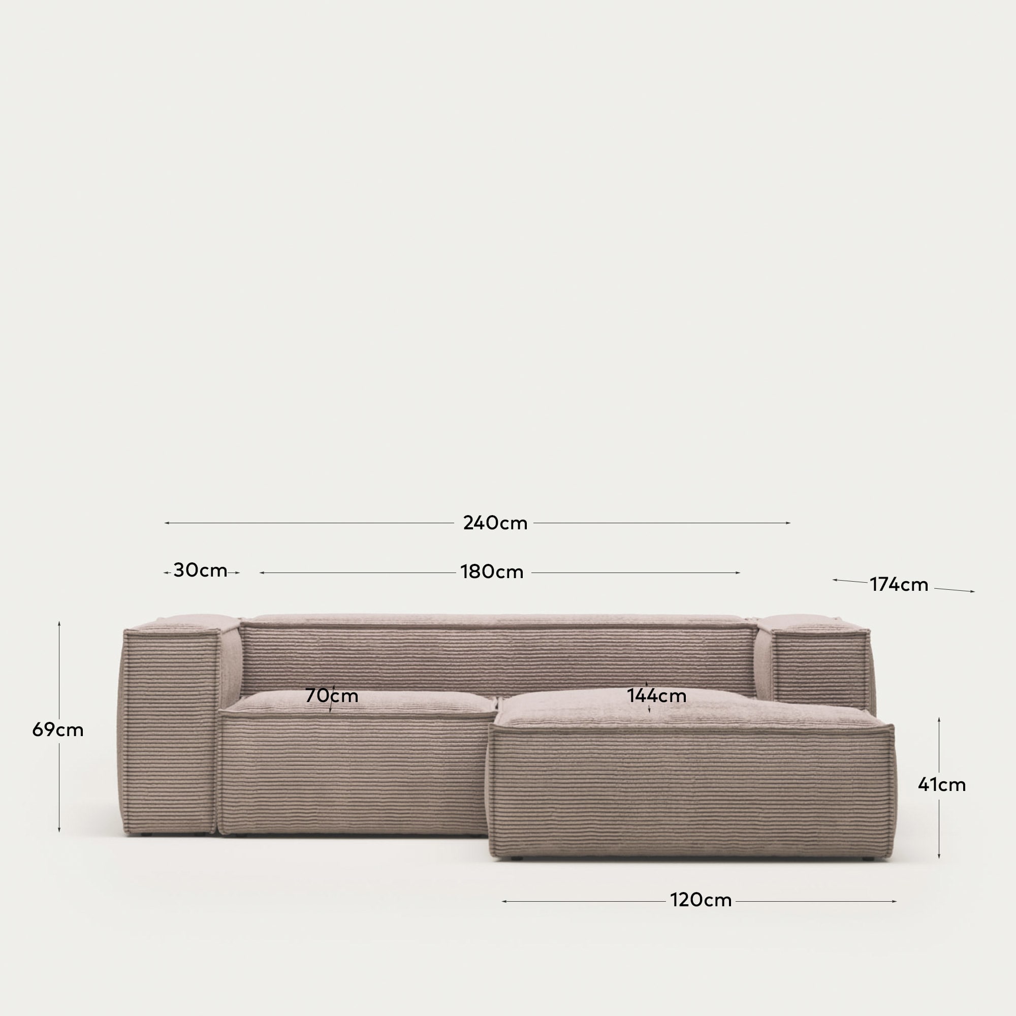 Blok fire-retardant 2-seater sofa with right chaise longue in thick pink corduroy 240cm FSC Mix Credit