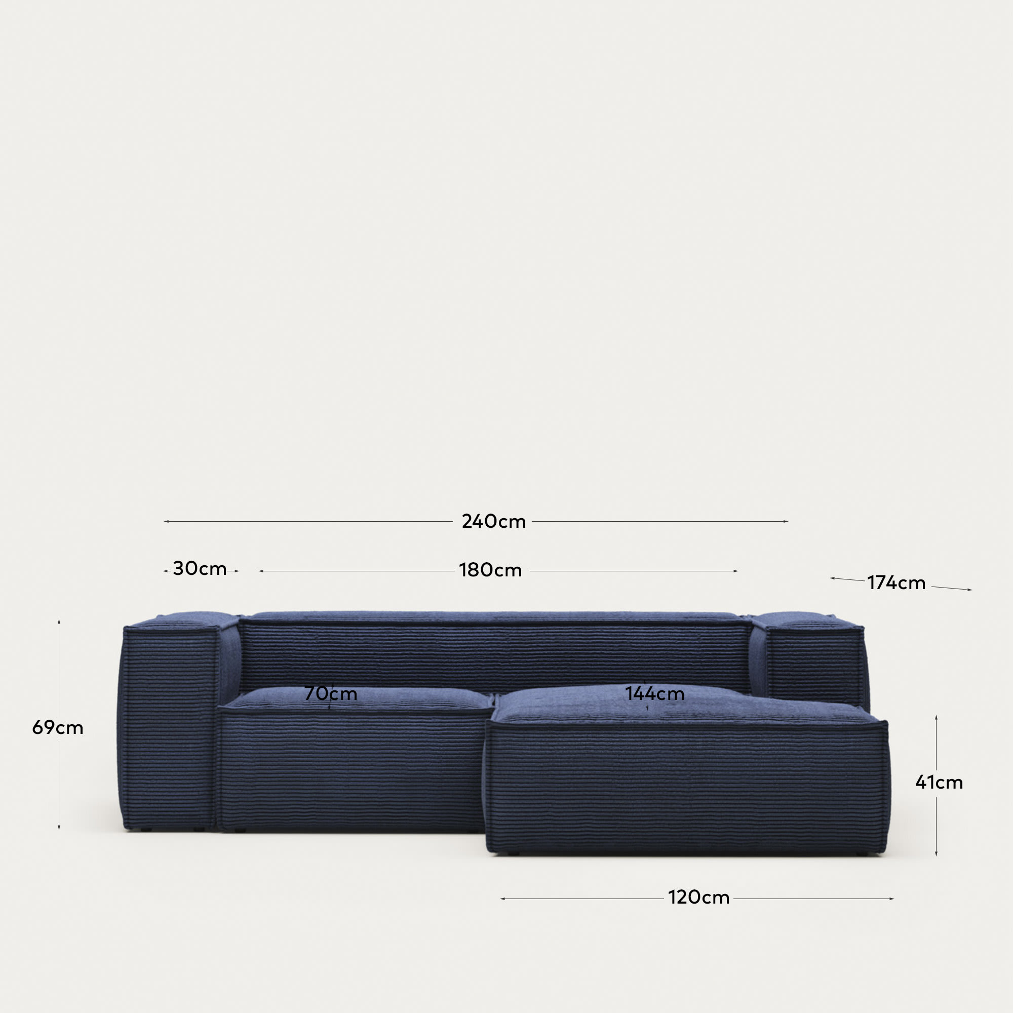 Blok 2 seater sofa with right side chaise longue in dark blue, 240 cm FR
