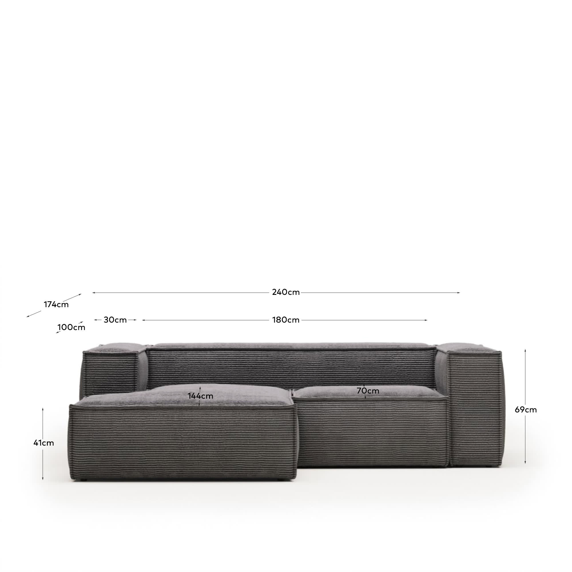 Blok 2 seater sofa with left side chaise longue in grey corduroy, 240 cm FR