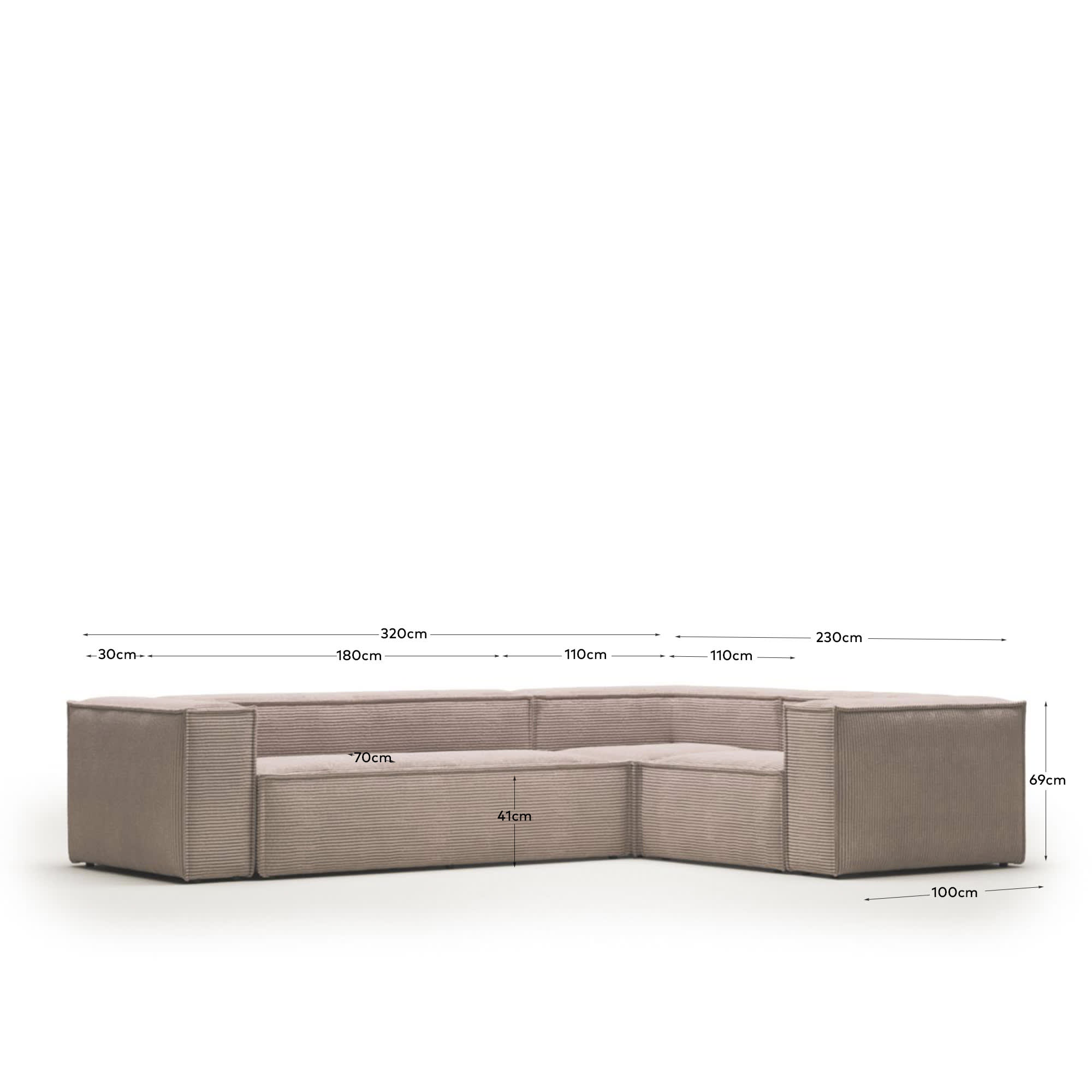 Blok 4 seater corner sofa in pink wide seam corduroy, 320 x 230 / 320 x 230 cm FR