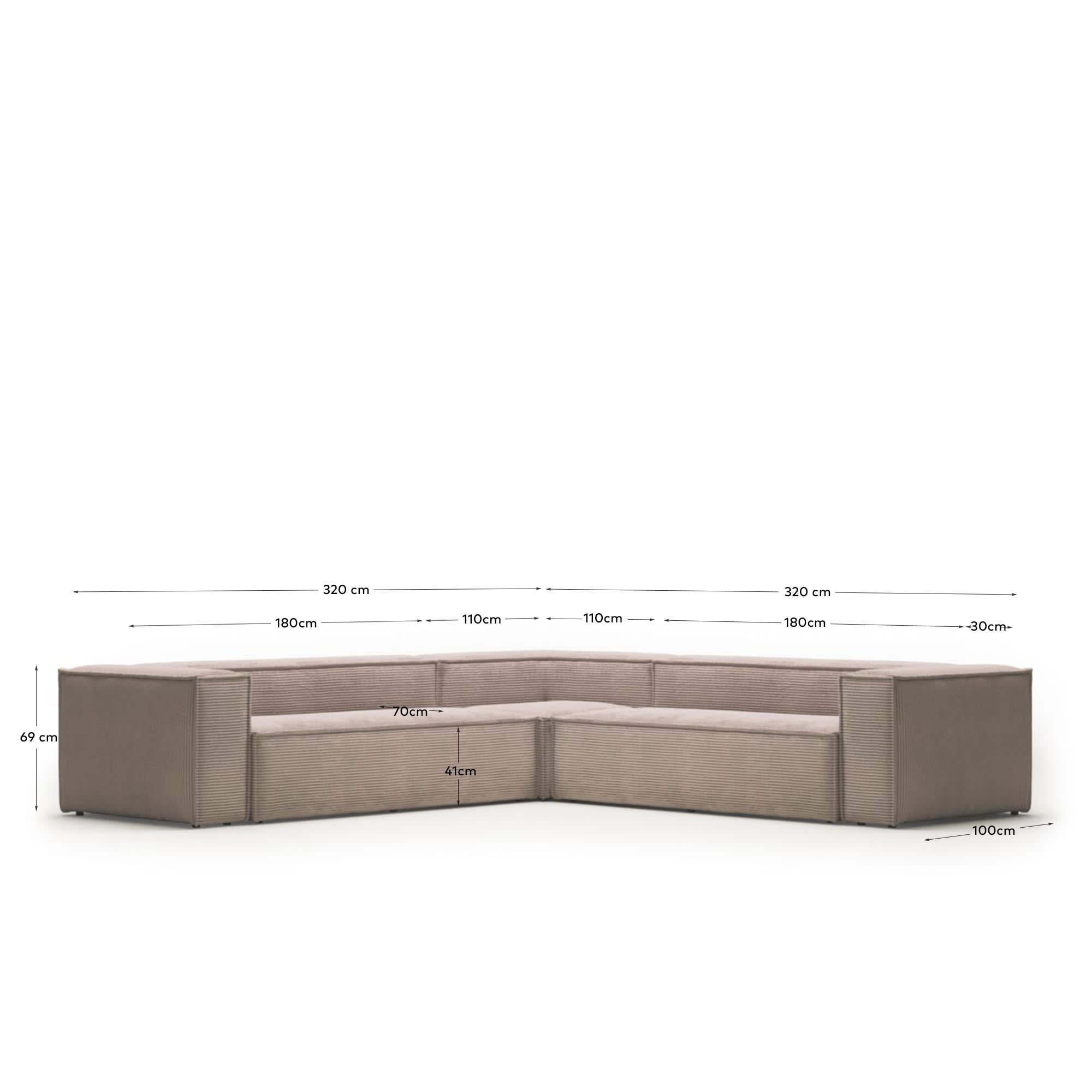 Blok 6 seater corner sofa in pink corduroy, 320 x 320 cm FR