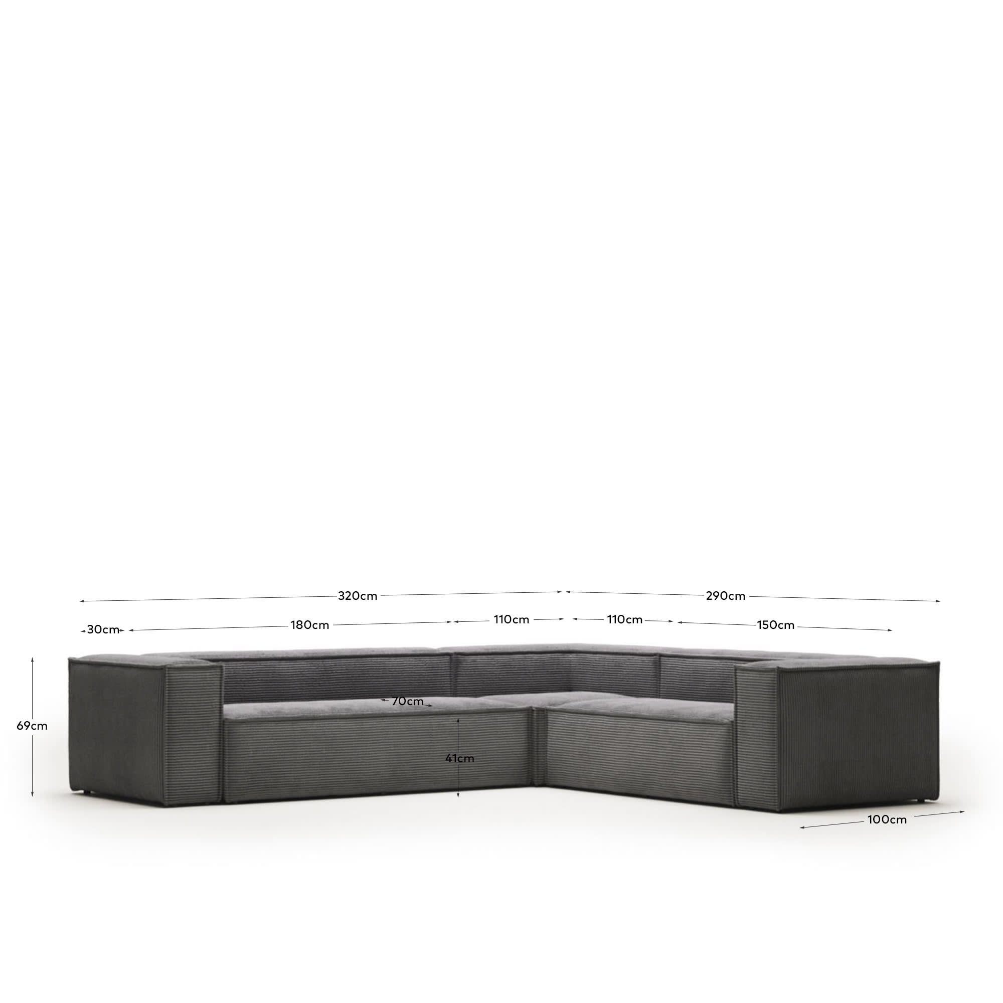 Blok 5 seater corner sofa in grey wide seam corduroy, 320 x 290 cm / 290 x 320 cm FR