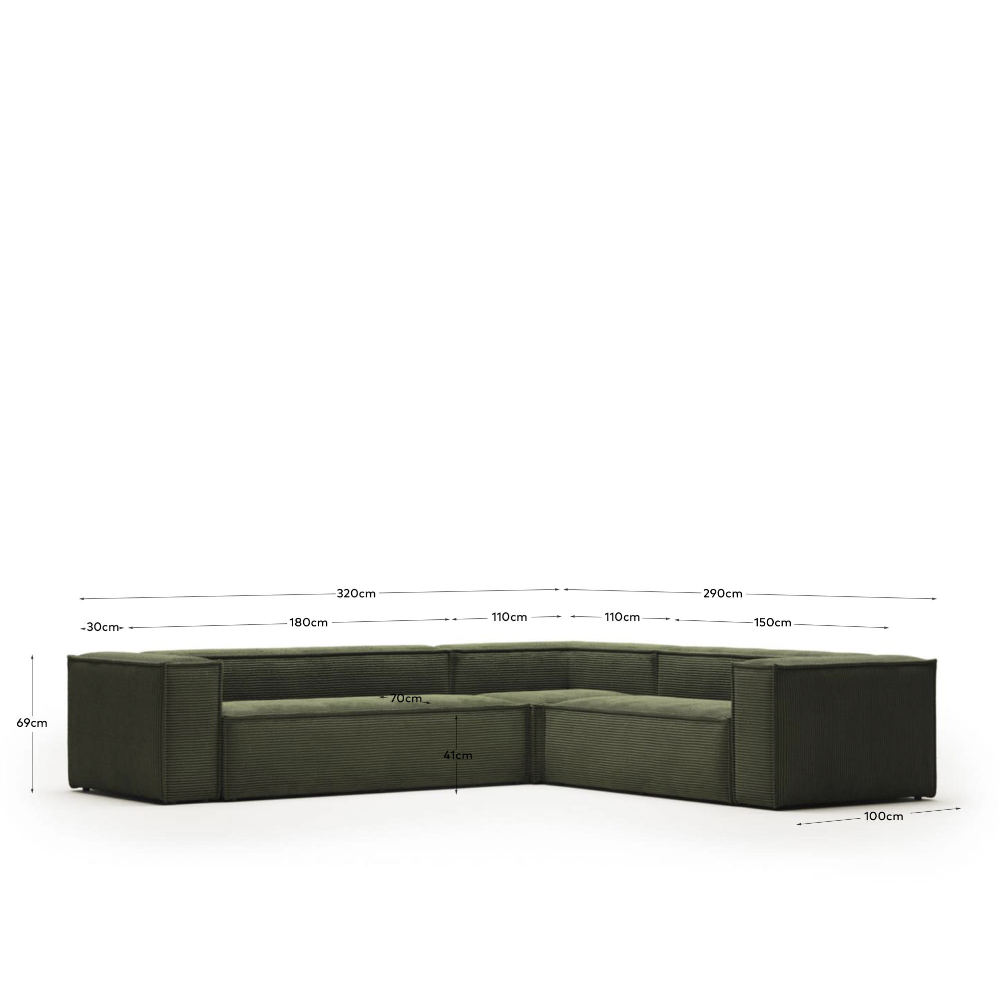Blok fire-retardant 5-seater corner sofa in thick green corduroy 320 x 290cm/290 x 320cm FSC Mix Credit