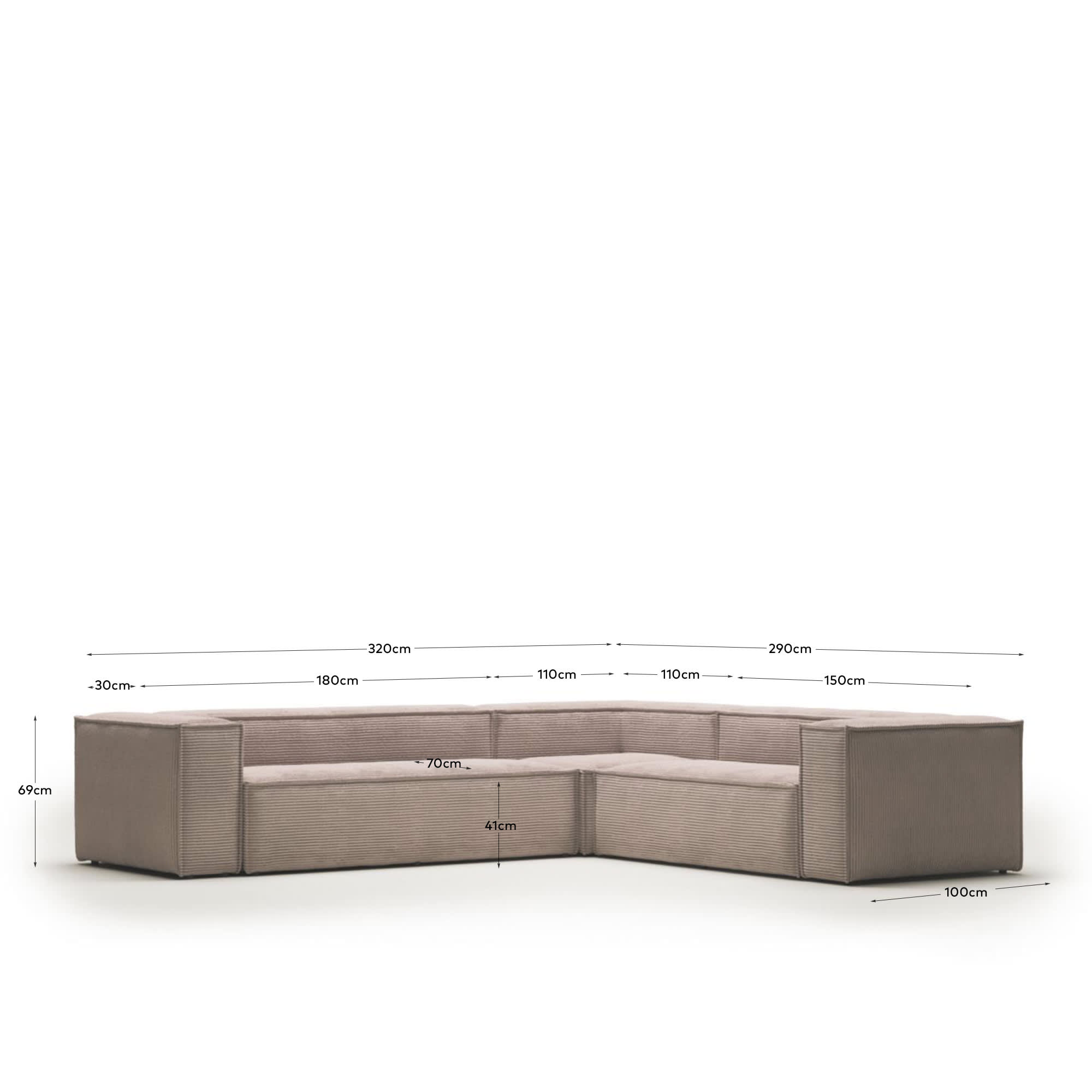 Blok 5 seater corner sofa in pink wide seam corduroy, 320 x 290 cm / 290 x 320 cm FR