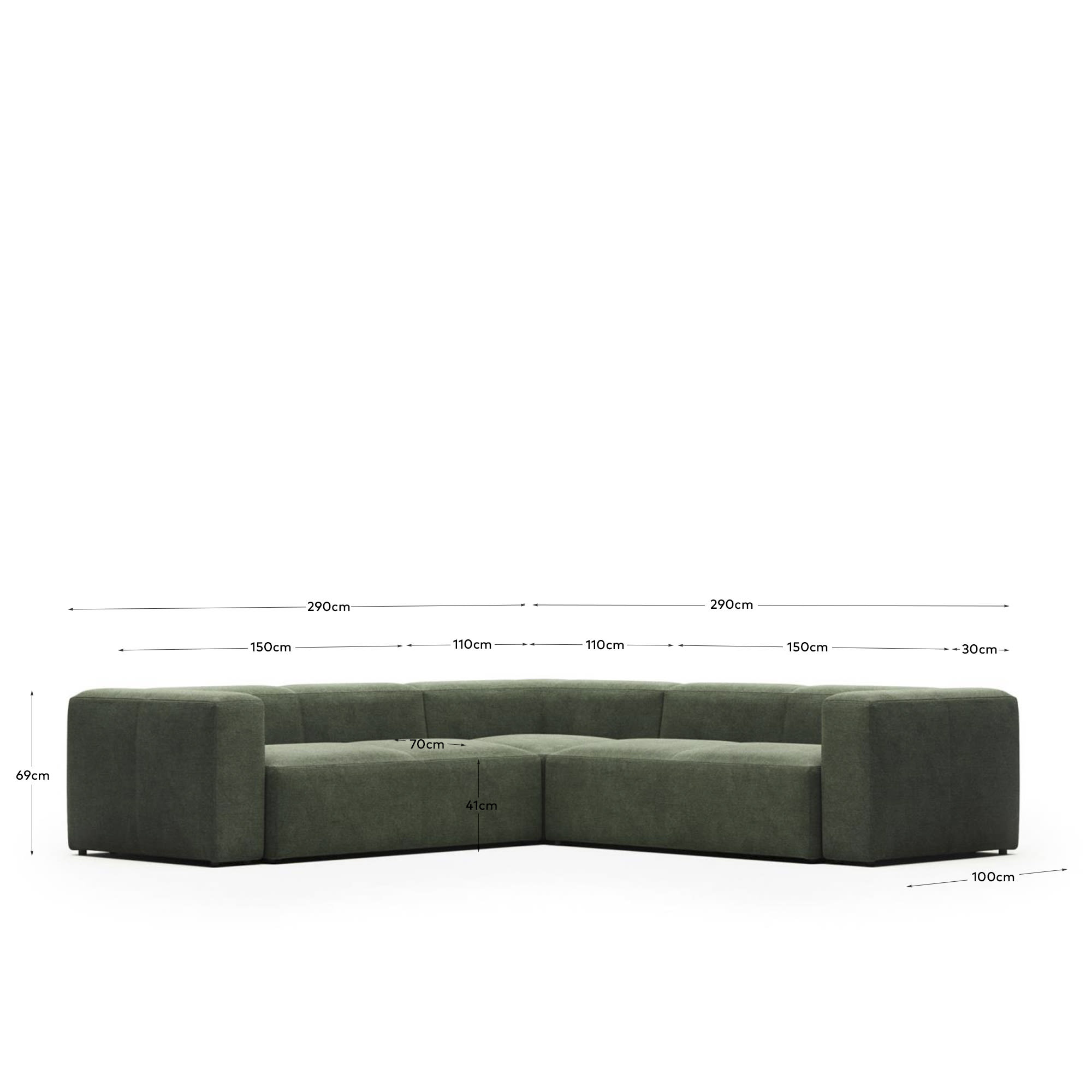 Blok fire-retardant 4-seater corner sofa in green chenille 290 x 290cm