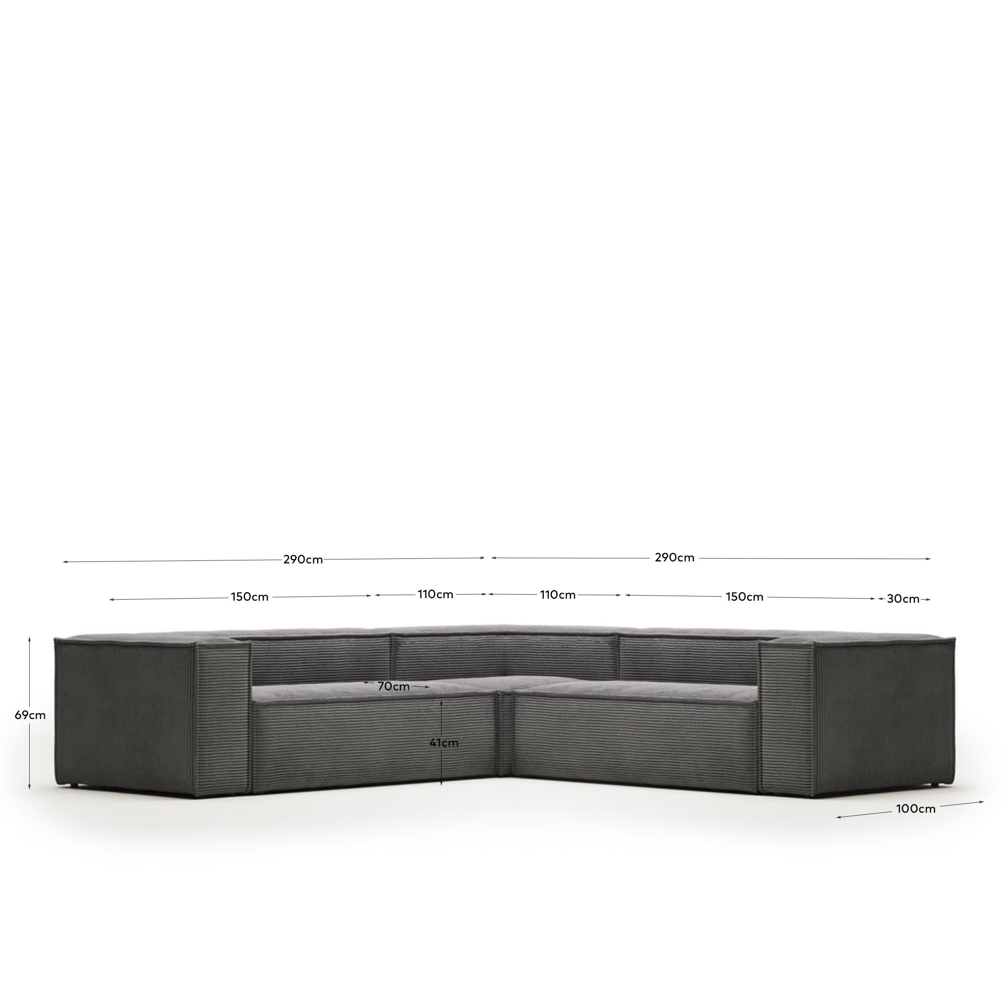 Blok 4 seater corner sofa in grey corduroy, 290 x 290 cm FR