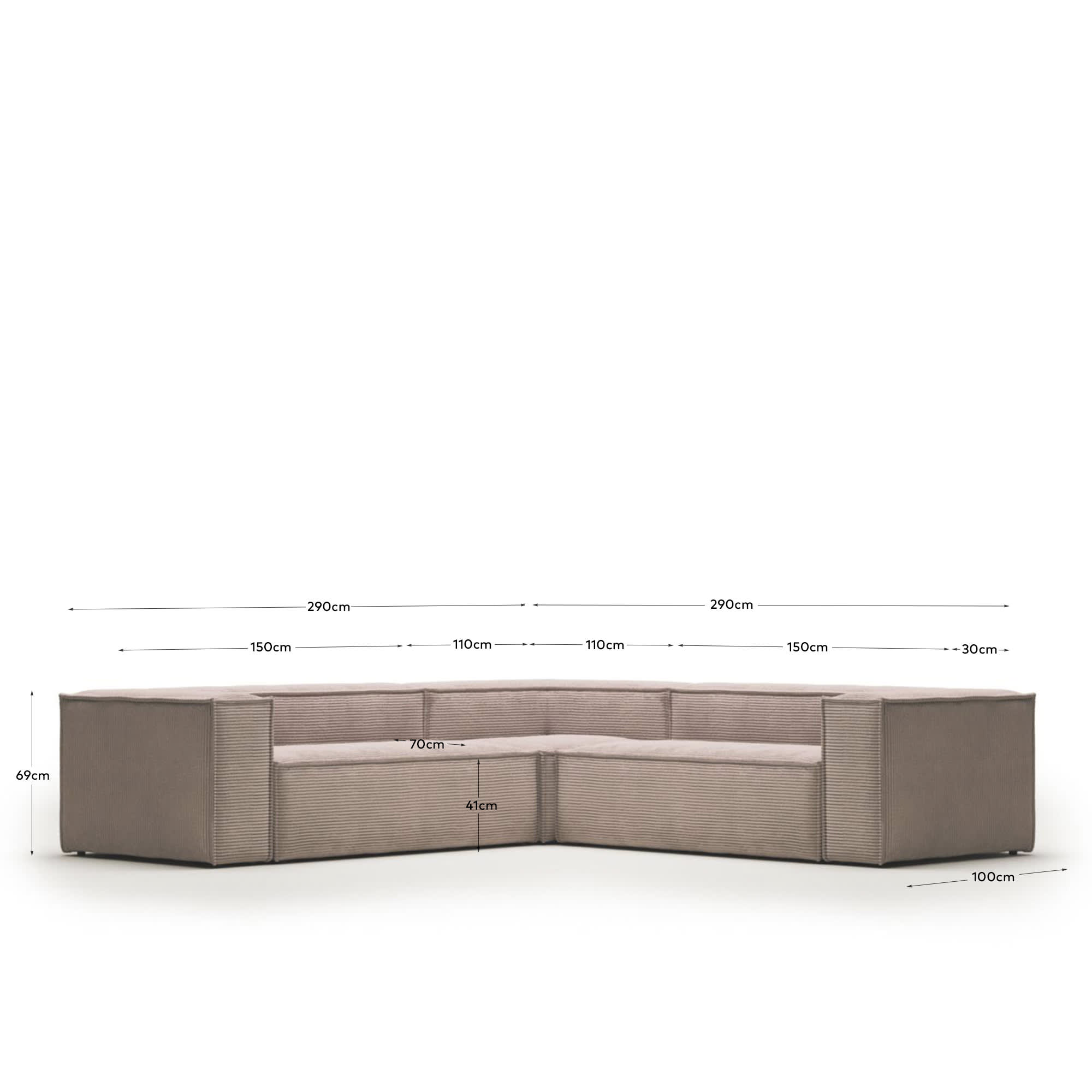 Blok fire-retardant 4-seater corner sofa in thick pink corduroy 290 x 290cm FSC Mix Credit