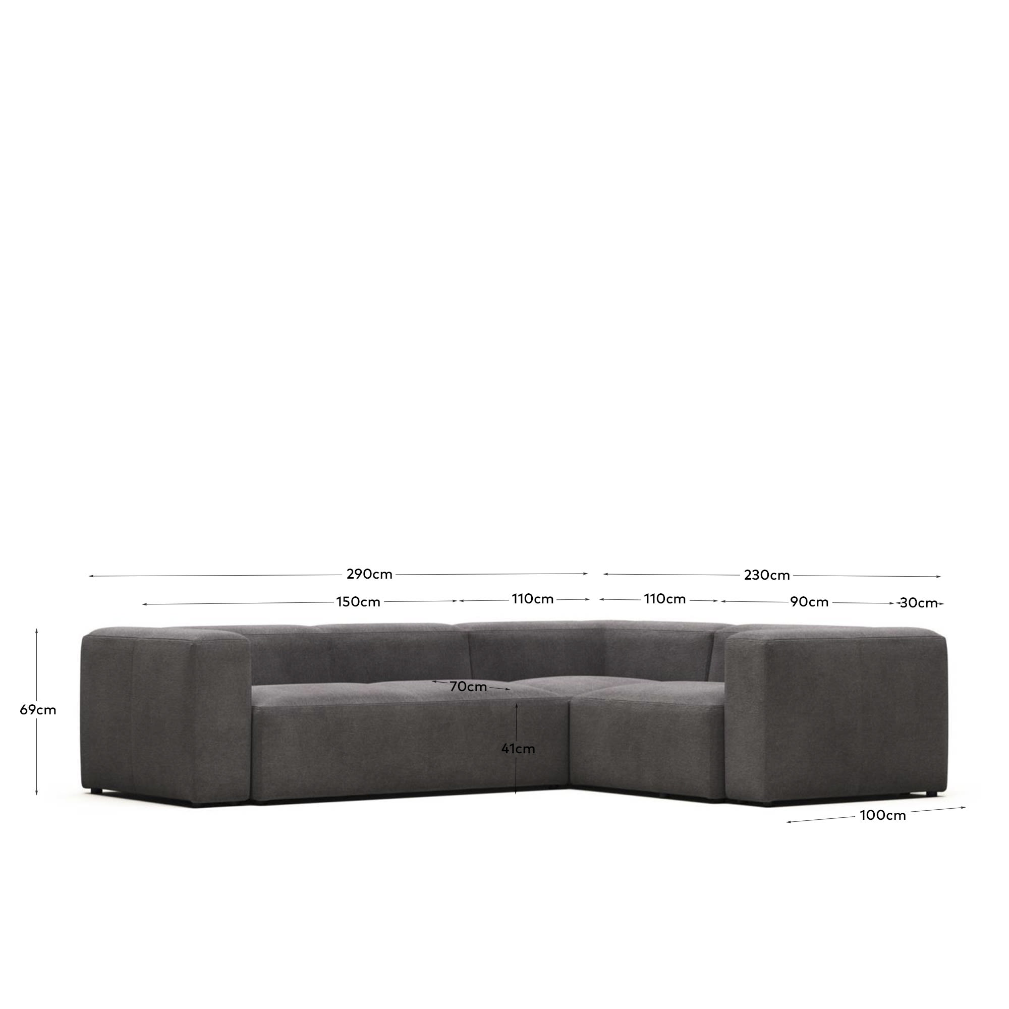 Blok 3 seater corner sofa in grey, 290 x 230 cm / 230 cm 290 cm FR
