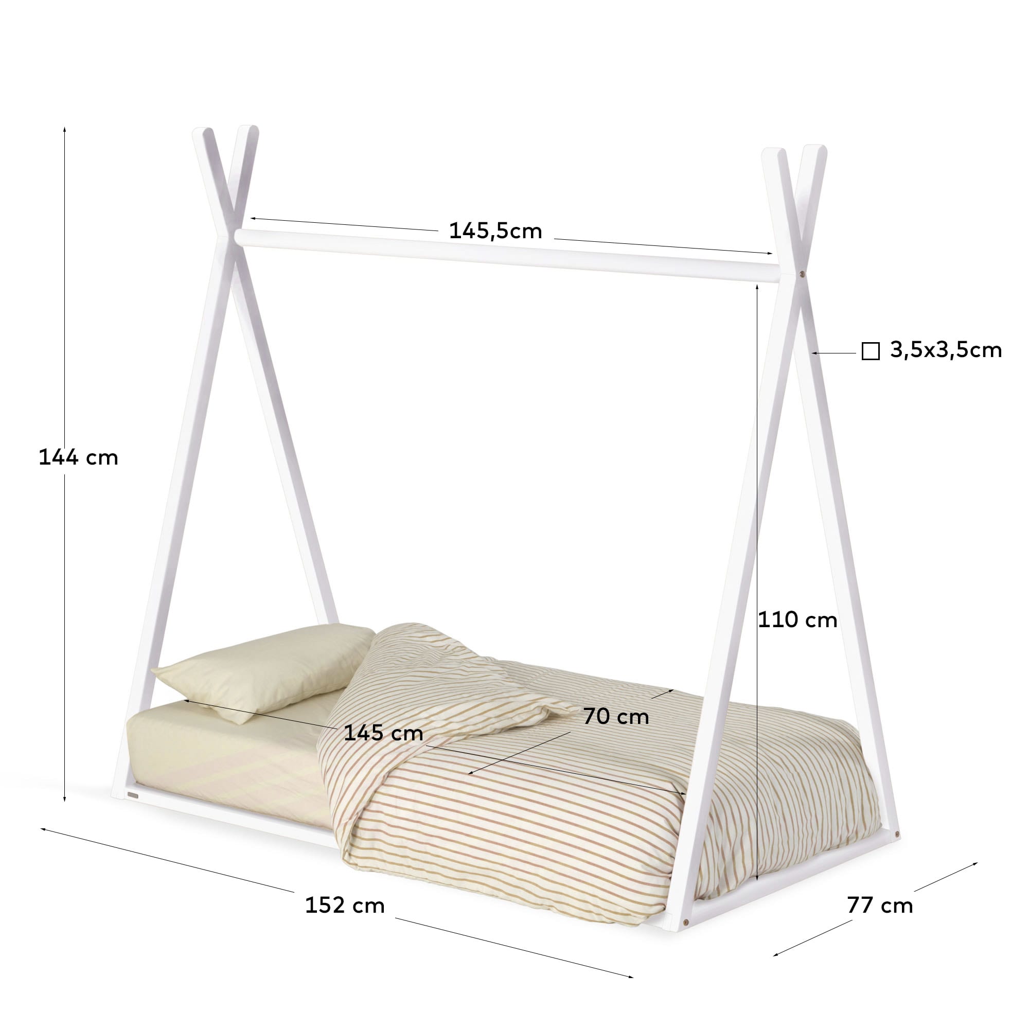 Maralis teepee bed made of solid beech wood with a white finish, for 70 x 140 cm mattresses