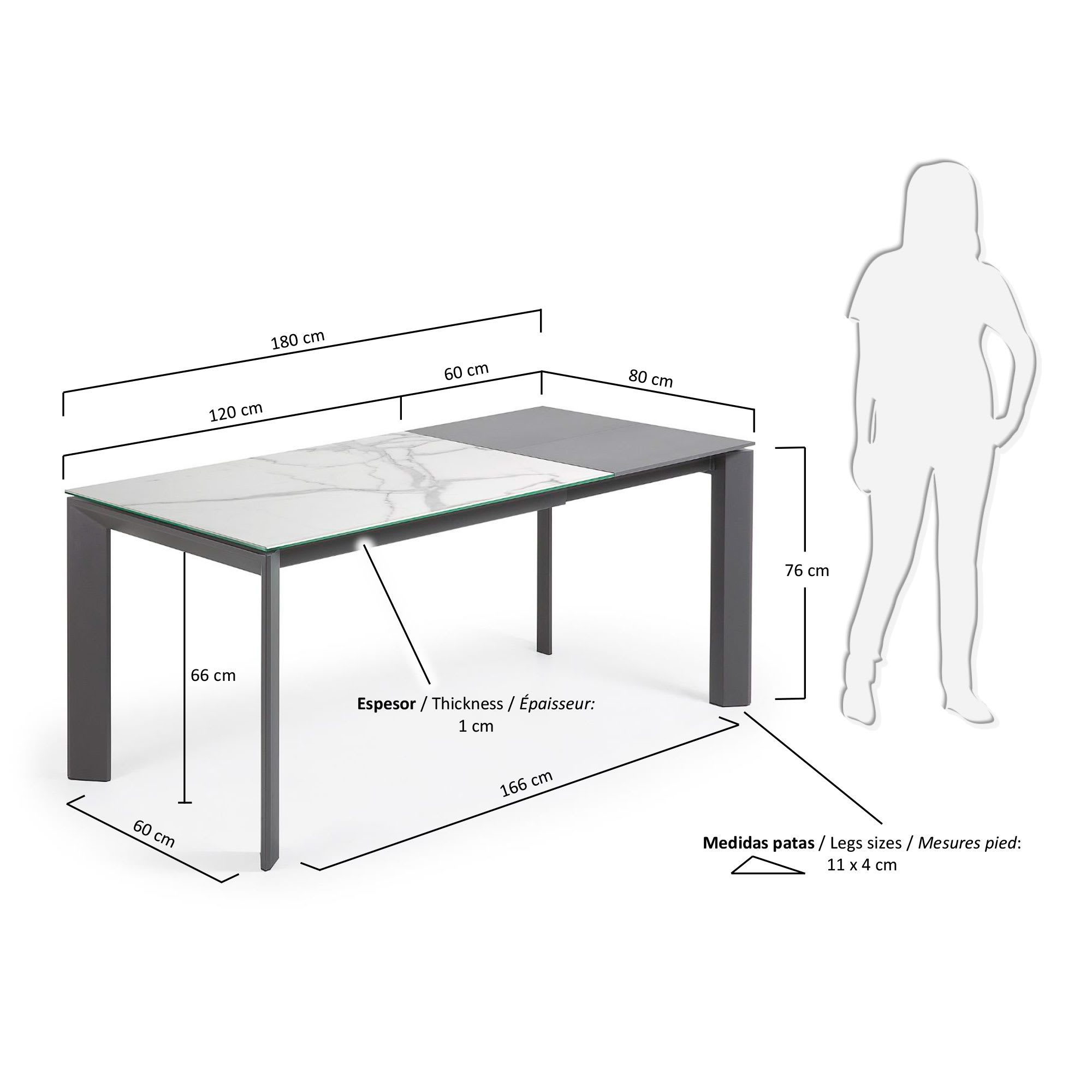 엑시스 세라믹 확장형 테이블 KB(80 x 120-180cm) - 크기
