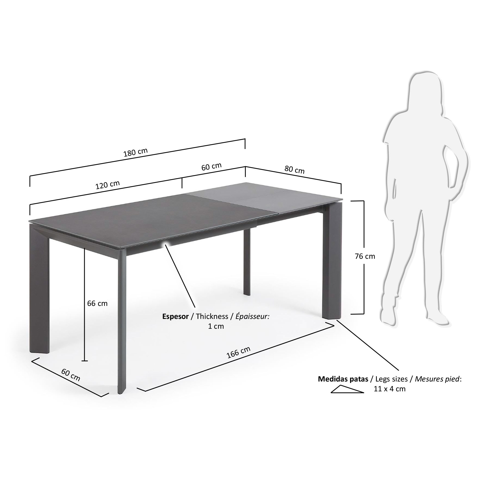 엑시스 세라믹 확장형 테이블 VR(80 x 120-180cm) - 크기