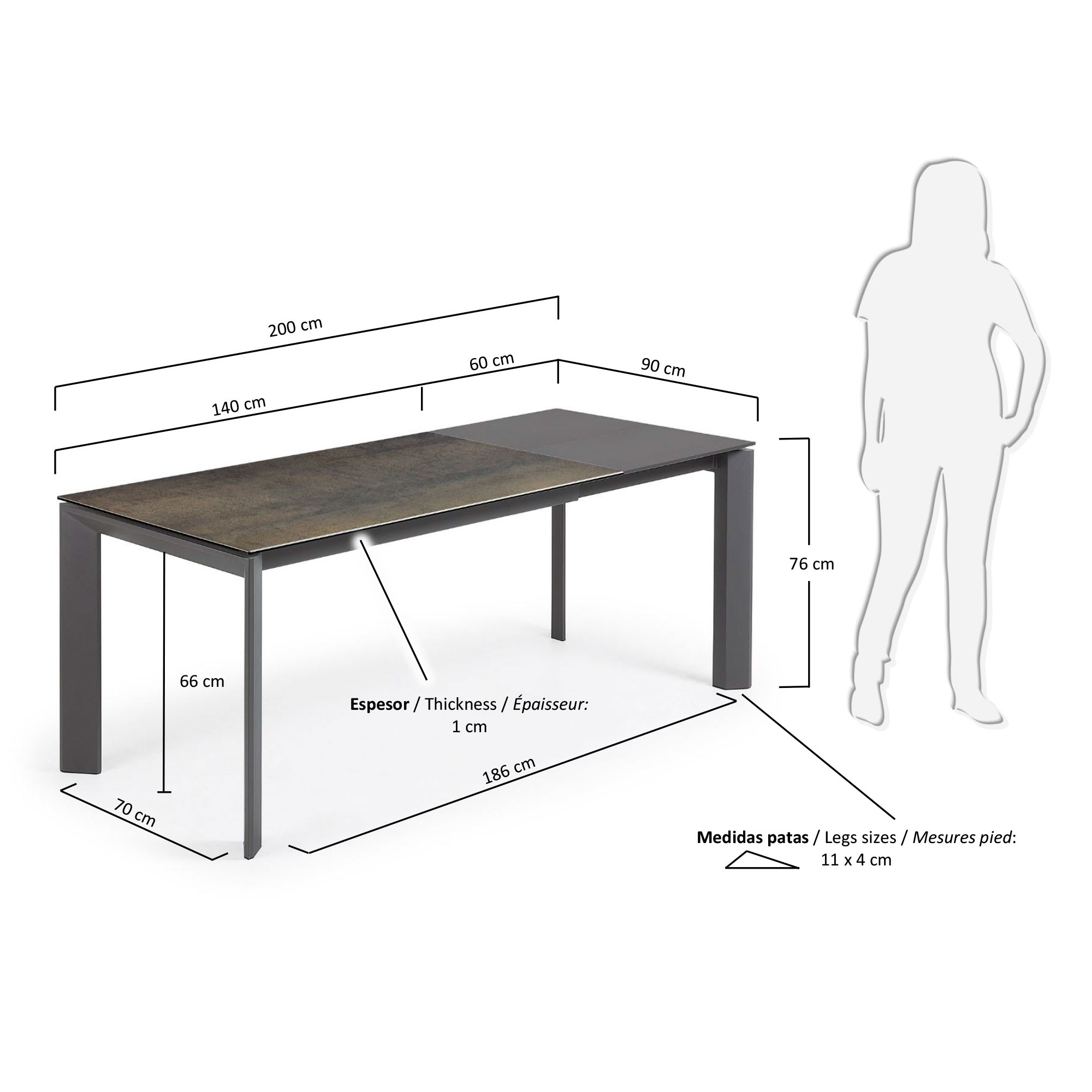 엑시스 세라믹 확장형 테이블 IM (90 x 140-200cm) - 크기