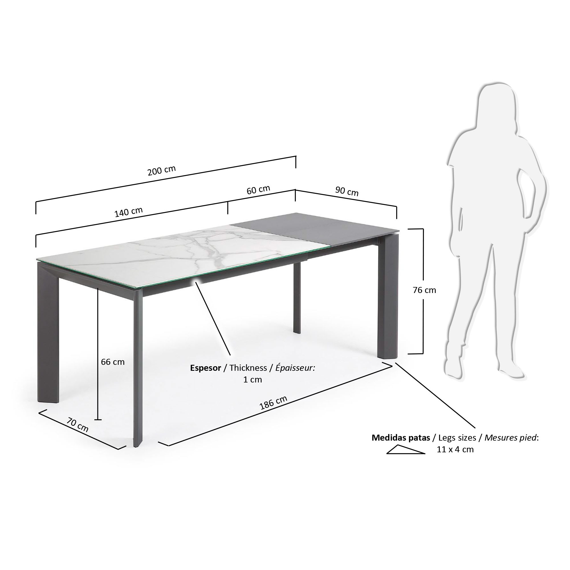 엑시스 세라믹 확장형 테이블 KB(90 x 140-200cm) - 크기