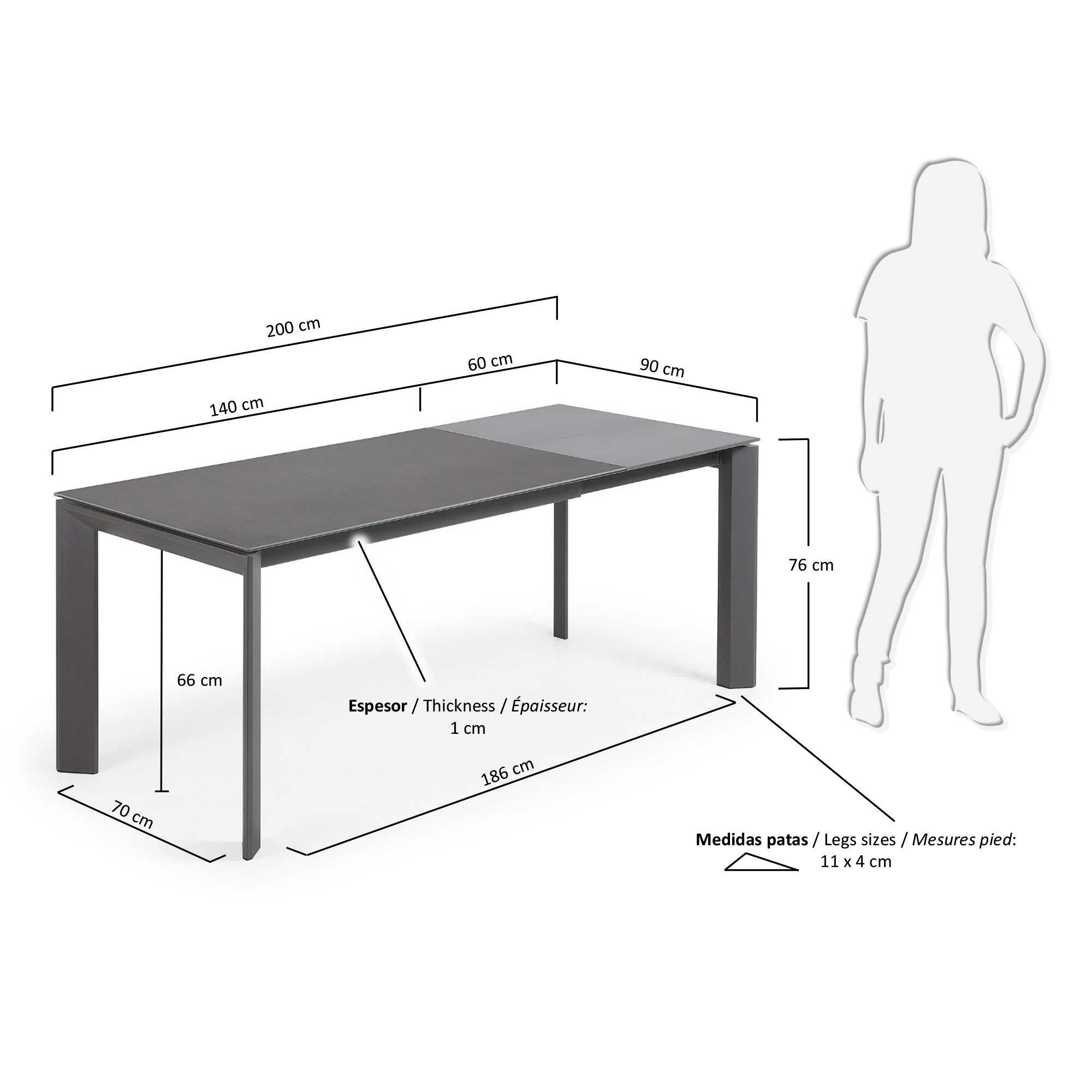 엑시스 세라믹 확장형 테이블 VR(90 x 140-200cm) - 크기