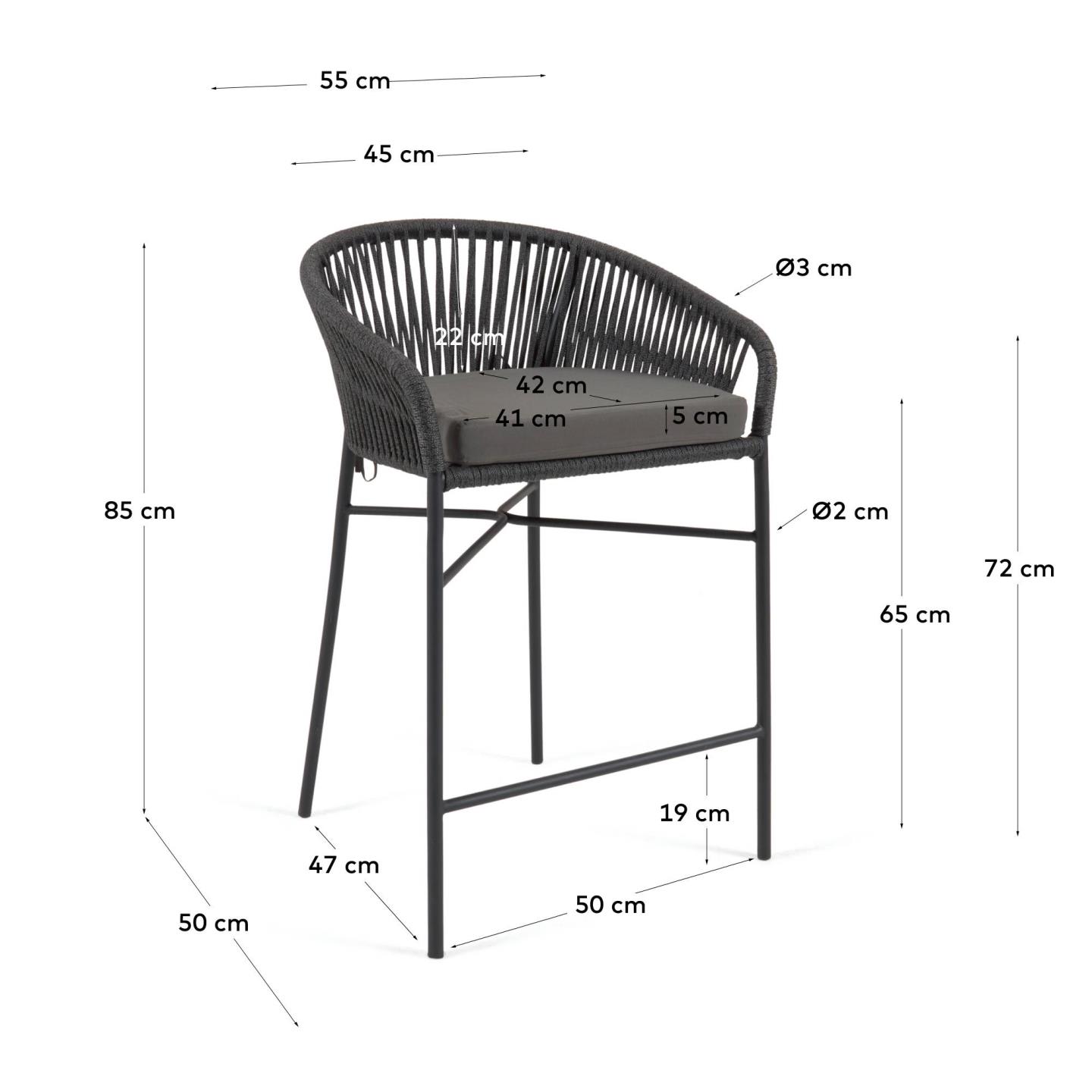 Yanet stool made from black cord and galvanised steel, height 65 cm