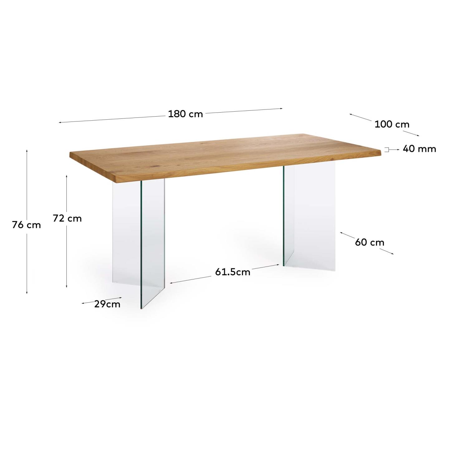 Lotty table in oak veneer with natural finish and glass legs 180 x 100 cm