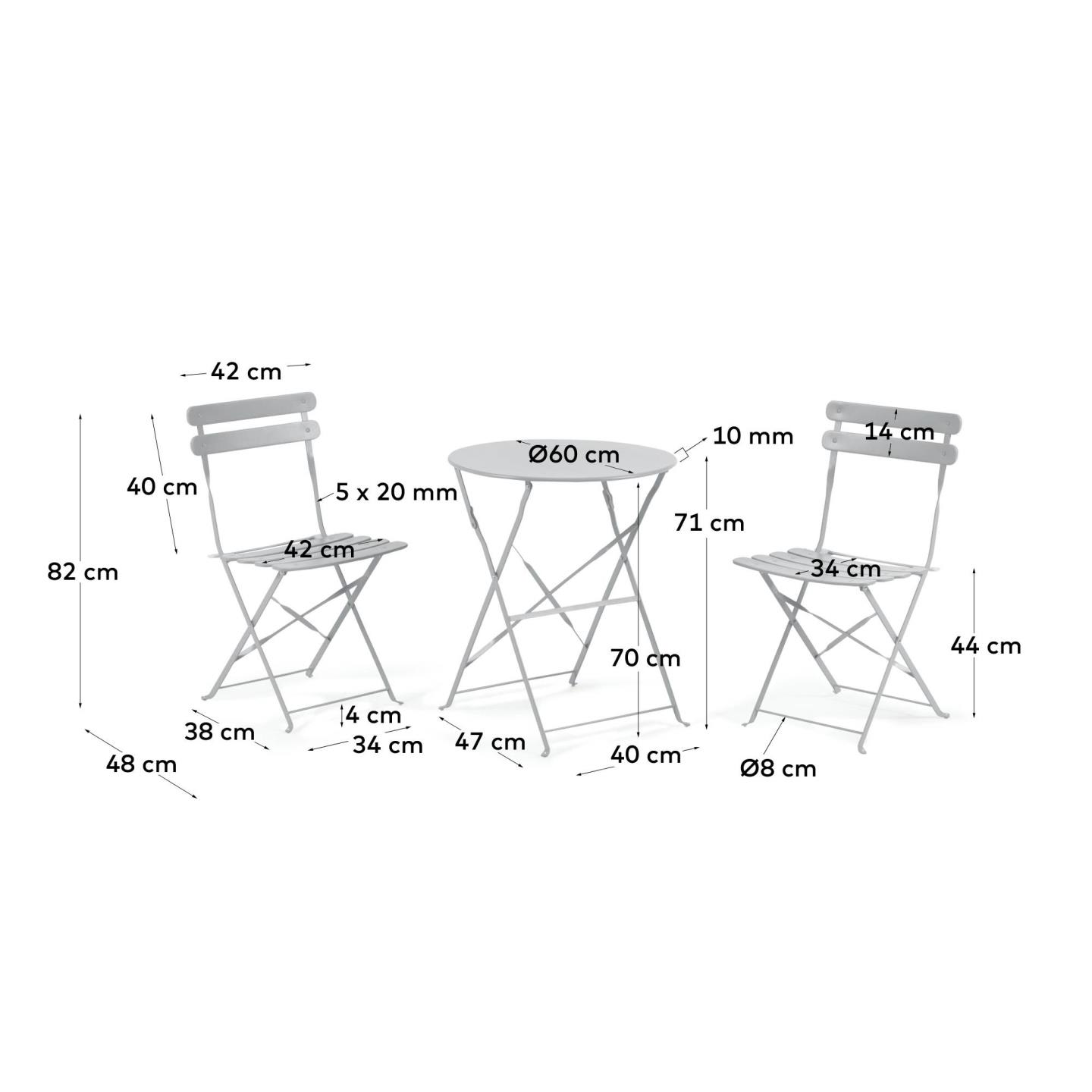Beryl outdoor set of table and 2 folding chairs in light grey metal