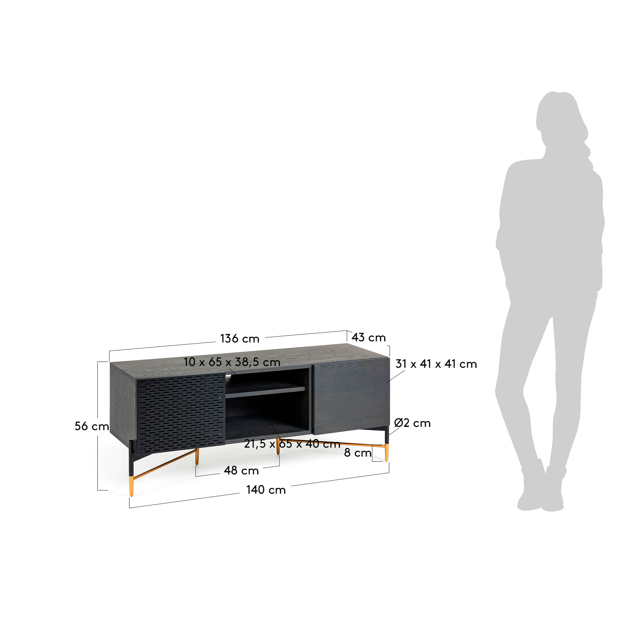 Milian ash wood veneer 2 door TV stand with steel finished in black & gold, 141 x 56 cm - sizes