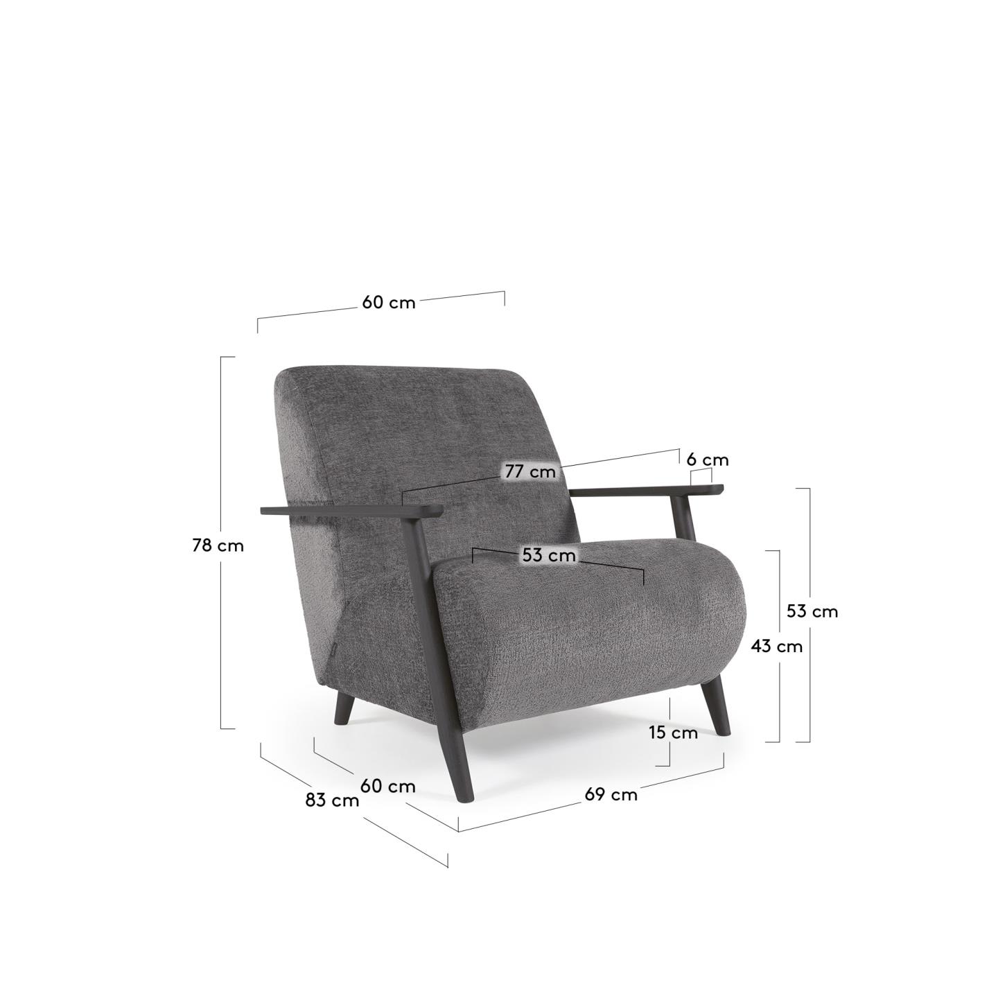 Meghan armchair in grey chenille and wood with wenge finish