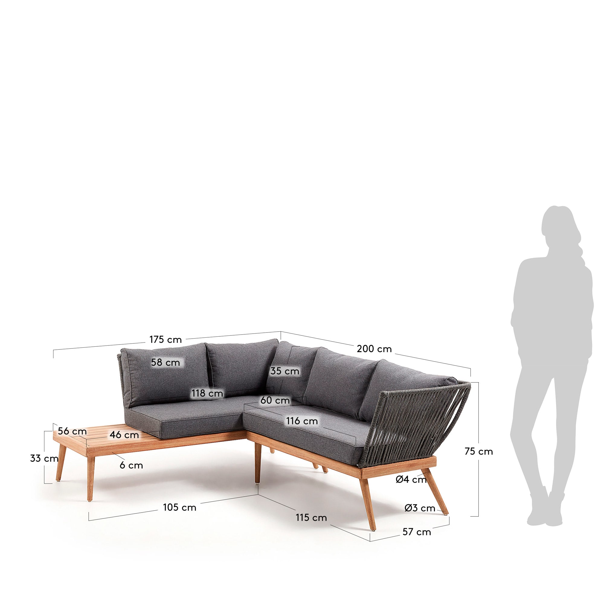 Ramson 4-seater corner sofa in solid eucalyptus with beige cord 200 cm - sizes