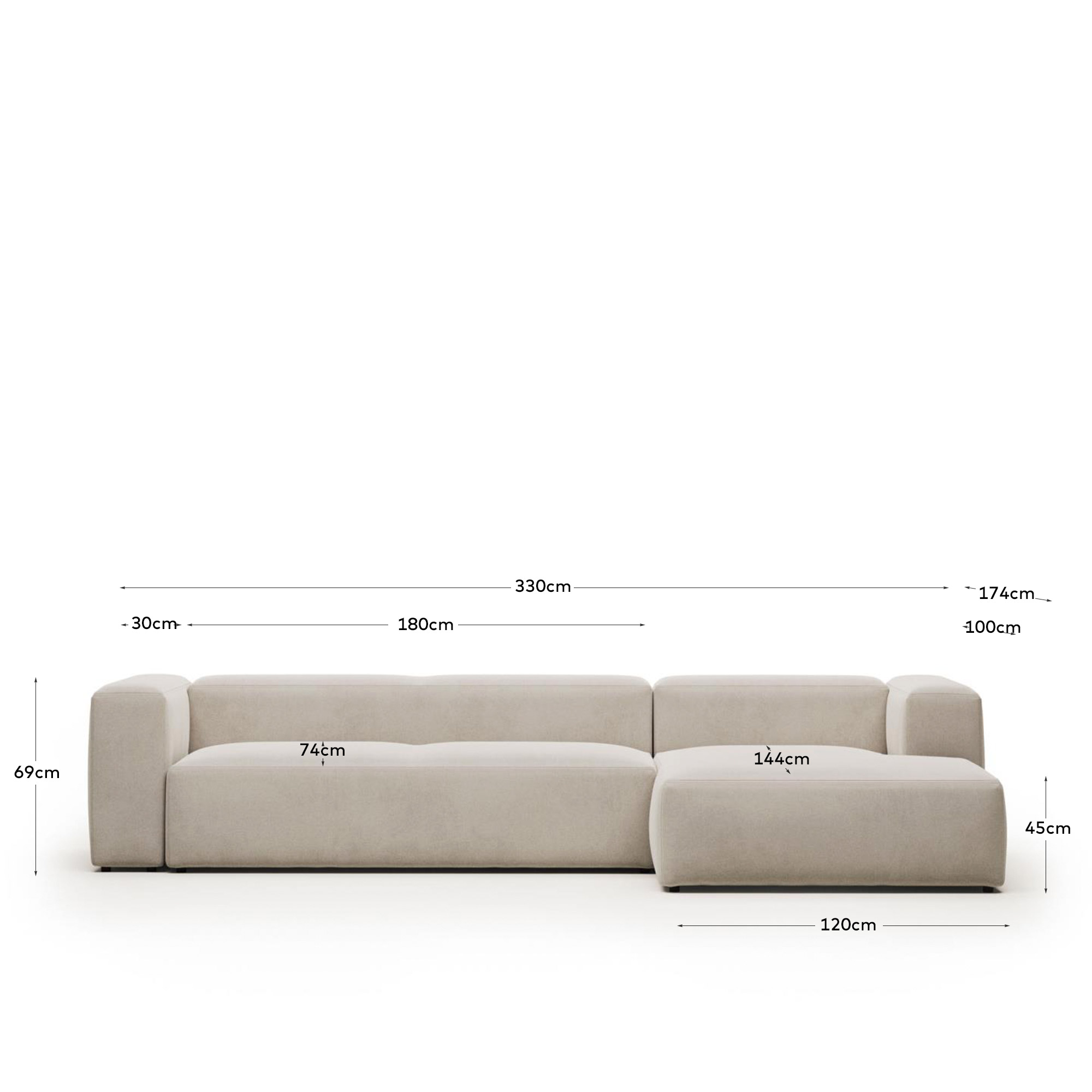 Blok 4 seater sofa with right-hand chaise longue in beige 330 cm | Kave ...