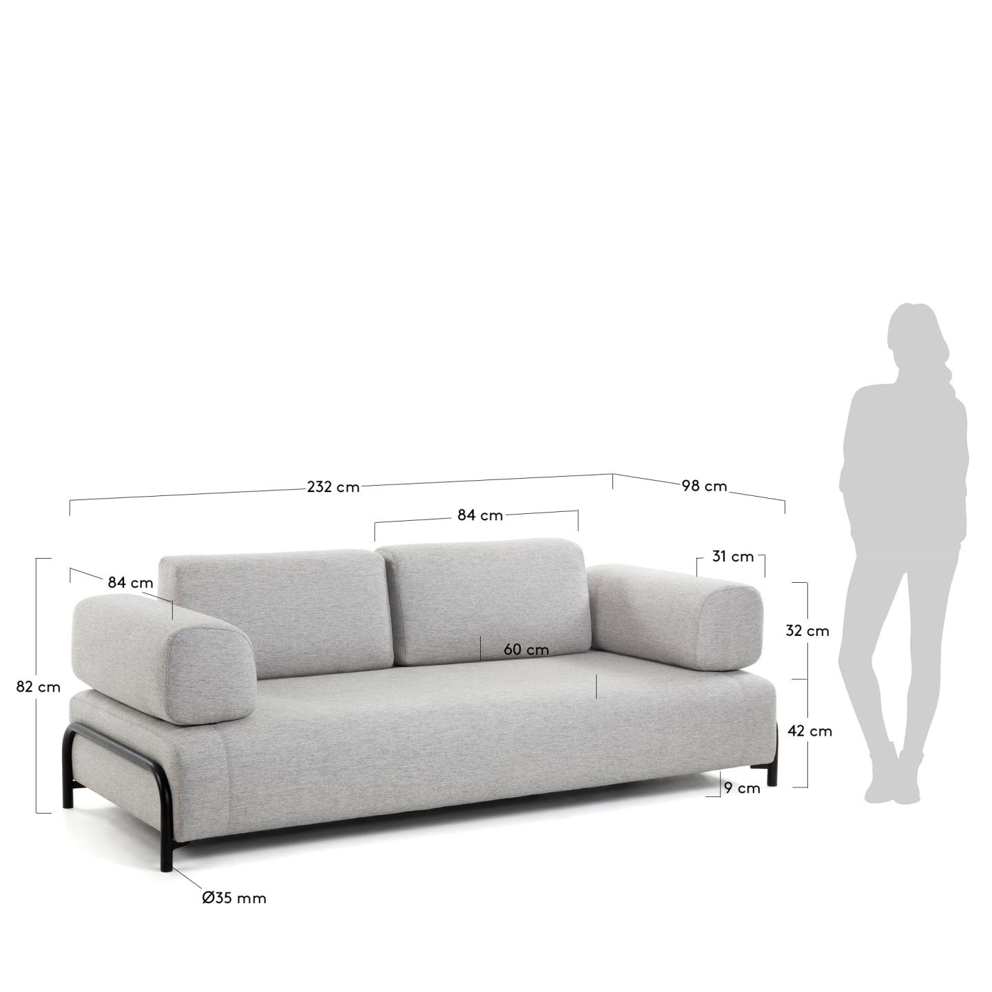 Compo 3 seater sofa in light grey, 232 cm - sizes