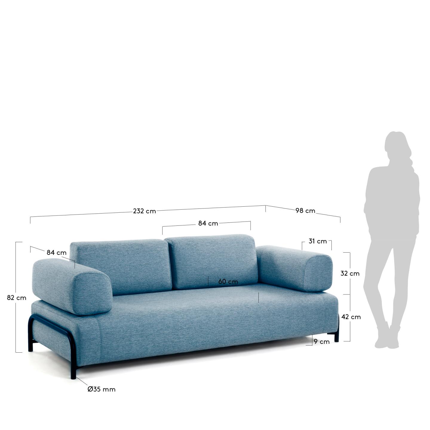 Compo 3 seater sofa in blue, 232 cm - sizes