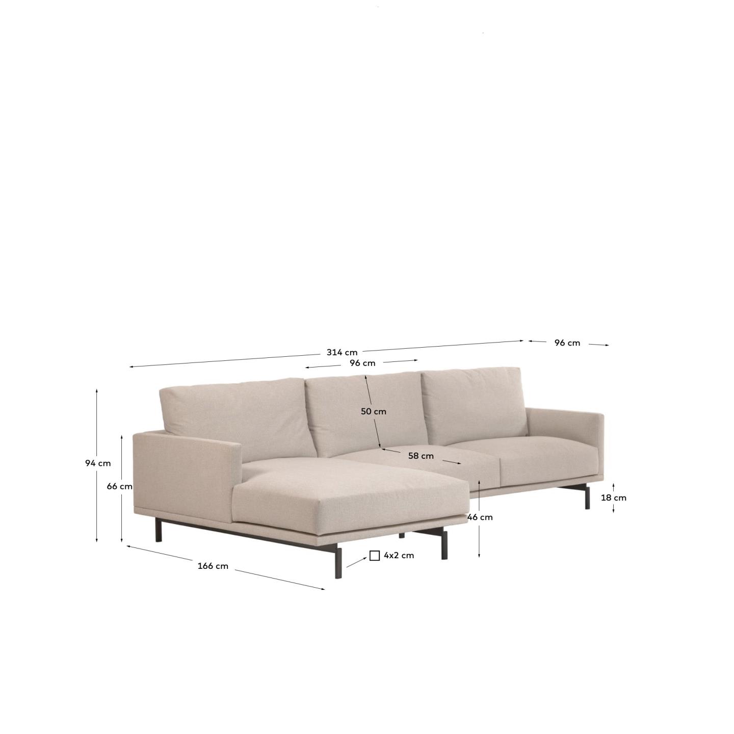 Galene 4 seater sofa with left-hand chaise longue in beige, 314 cm - sizes