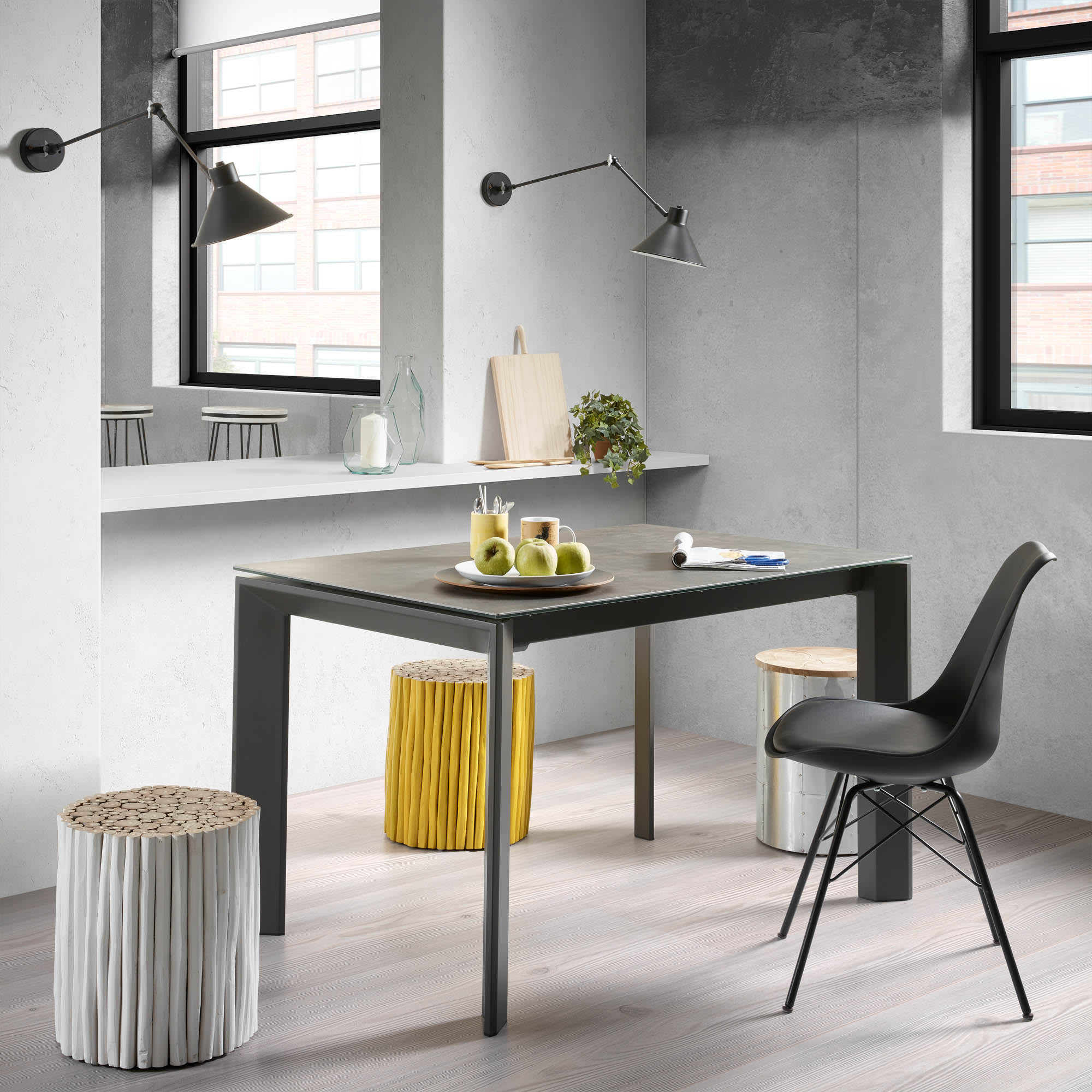 Table extensible Axis grès cérame Vulcano Cendrée et pieds acier — Kave Home