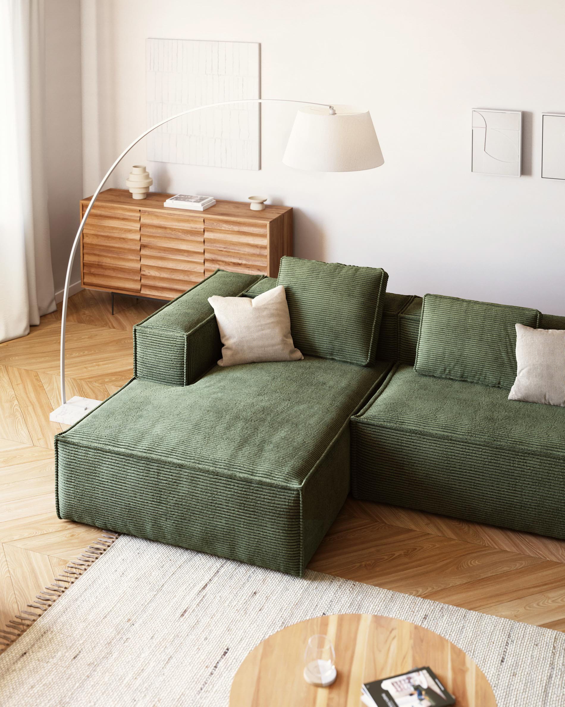 Blok fire-retardant 3-seater sofa with left chaise longue in thick green corduroy 300cm FSC Mix Credit