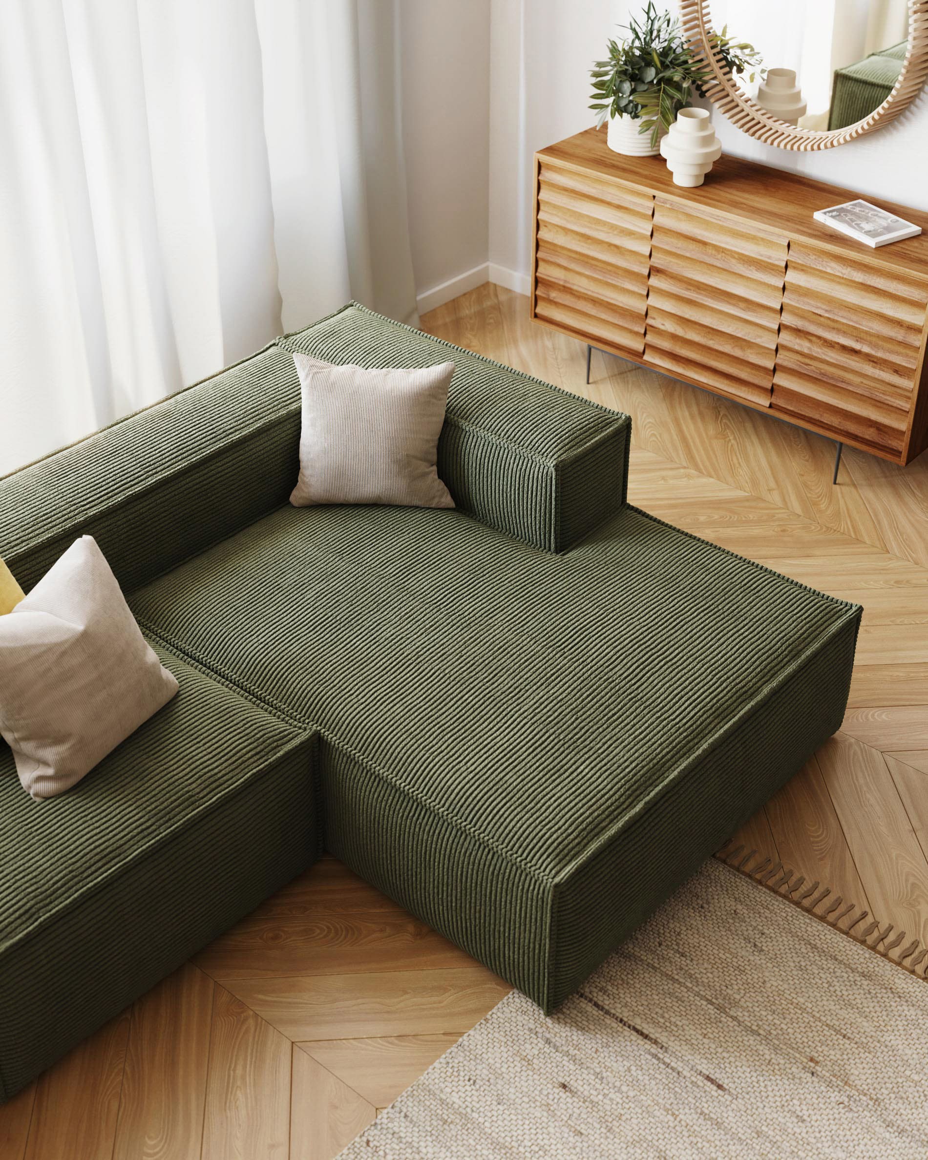 Blok fire-retardant 2-seater sofa with right chaise longue in thick green corduroy 240cm FSC Mix Credit