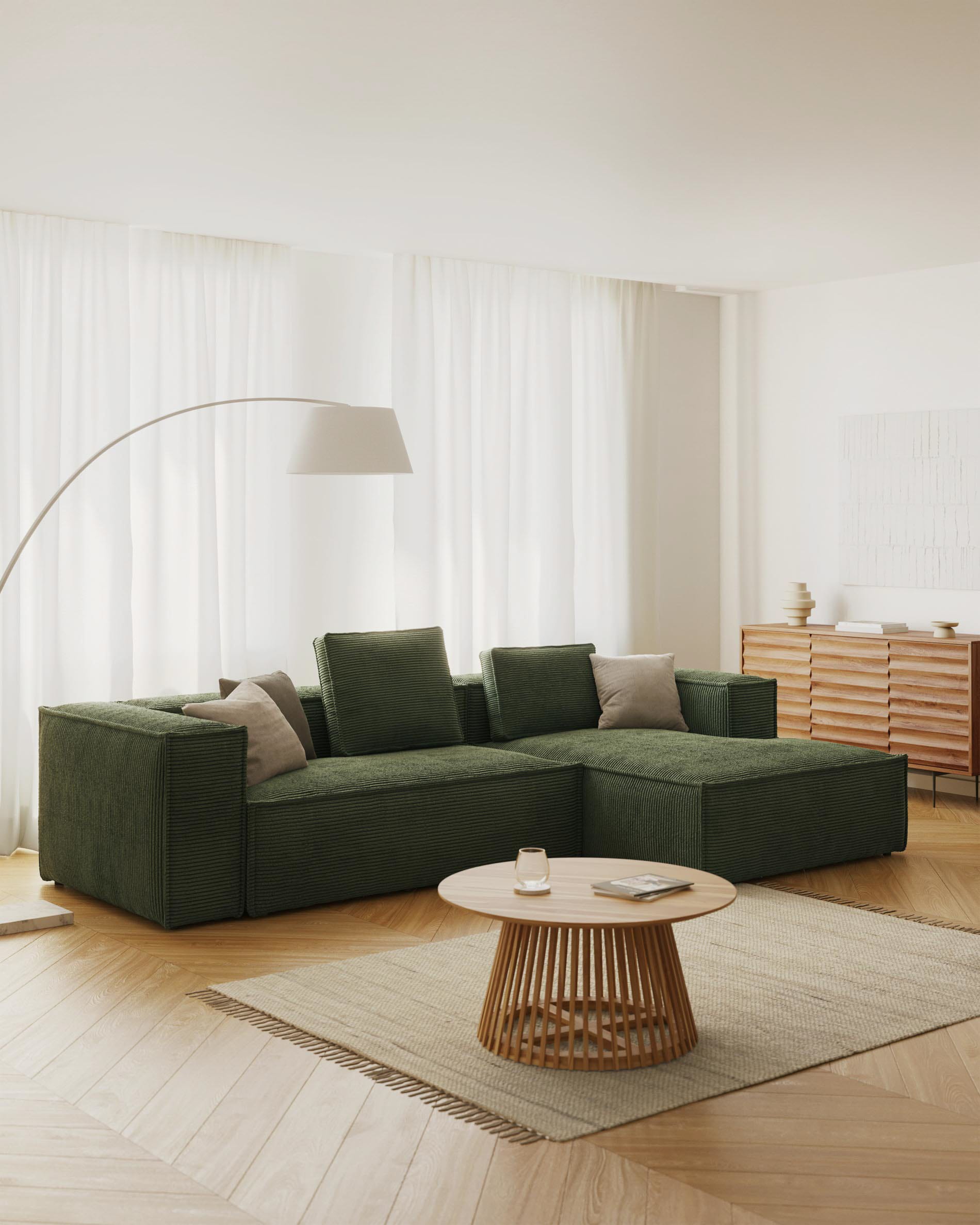 Blok fire-retardant 3-seater sofa with right chaise longue in thick green corduroy 300cm