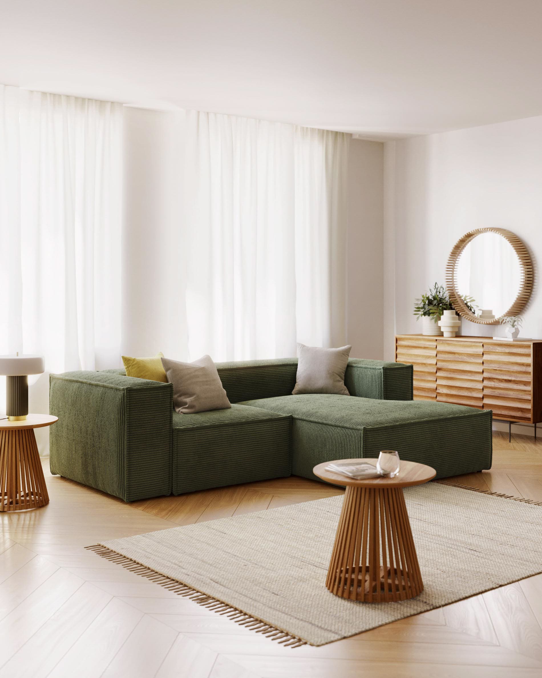 Blok fire-retardant 2-seater sofa with right chaise longue in thick green corduroy 240cm FSC Mix Credit